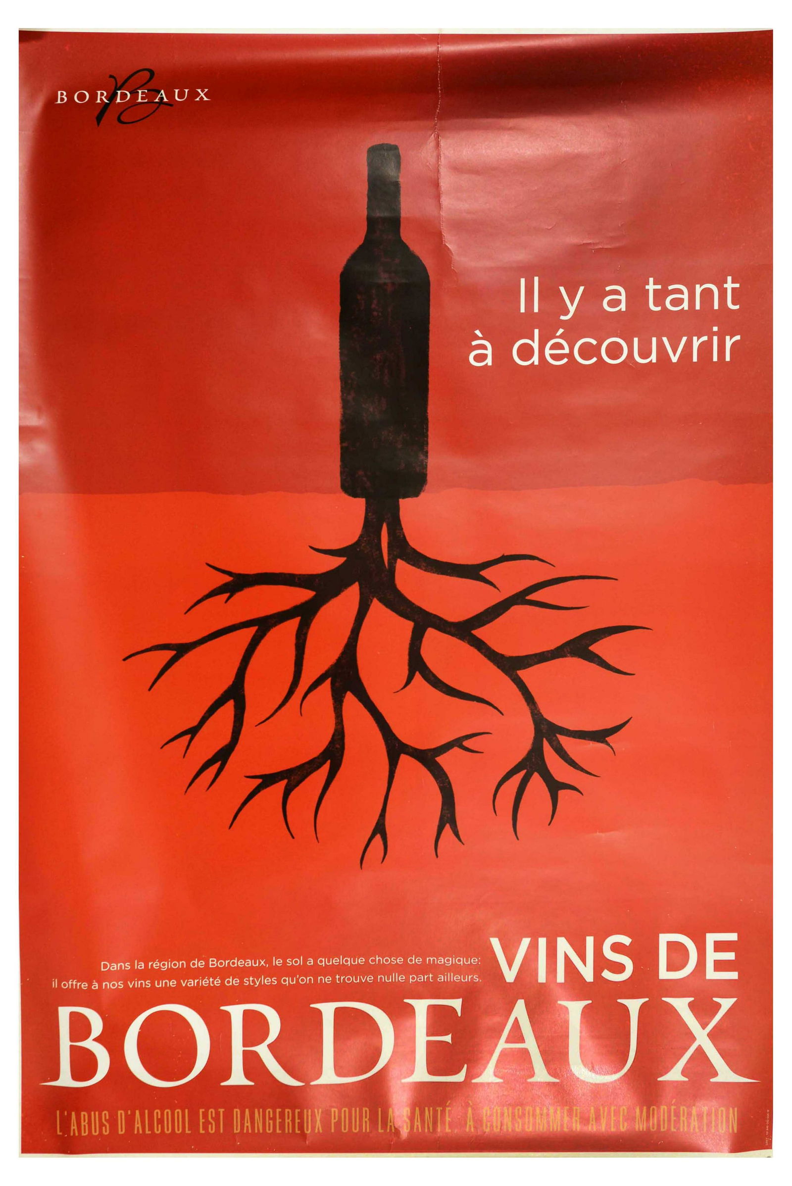 Advertising Poster Bordeaux French Wine Tree: Original vintage advertising poster for Bordeaux wines - There is so much to discover / Vins de Bordeaux - Il y a tant a decouvrir - Design features a wine bottle sprouting roots into the ground on a