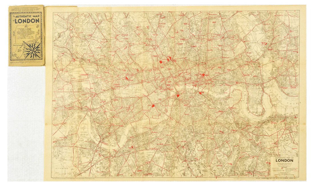 Antique Engraving Poster Authentic Map of London Underground: Original vintage travel map - The Authentic Map of London with index of streets places of interest, bus, trolleybus & tram routes, railway stations & London Transport Underground Stations all clearly 