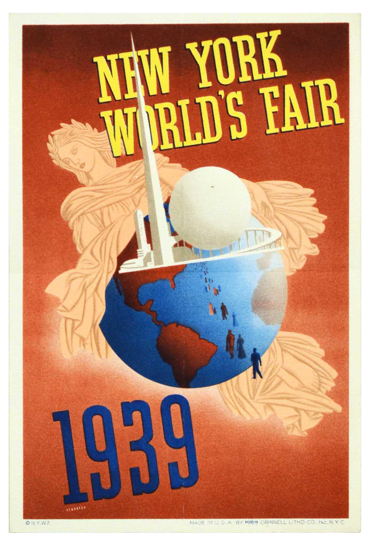 Travel Poster New York Worlds Fair 1939 Atherton: Original vintage travel advertising poster for the World Fair event held in New York at the Flushing Meadows Corona Park from 30 April 1939 to 31 October 1940. Great Art Deco design by John Atherton (