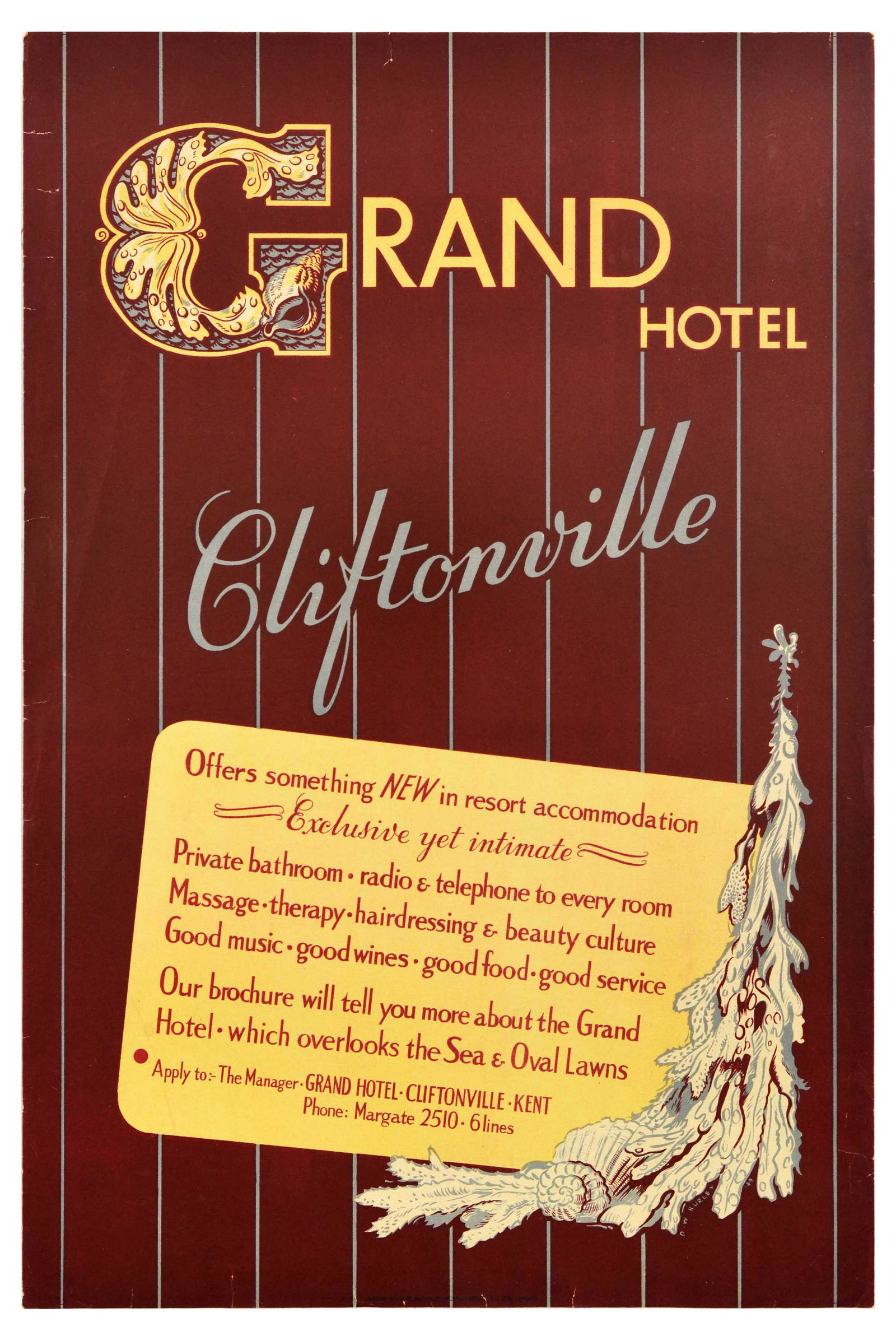 Travel Poster Grand Hotel Cliftonville Kent: Original vintage travel poster Grand hotel Cliftonville - Offers something new in resort accommodation - Exclusive yet intimate - Private bathroom, radio & telephone to every room, massage, therapy, h