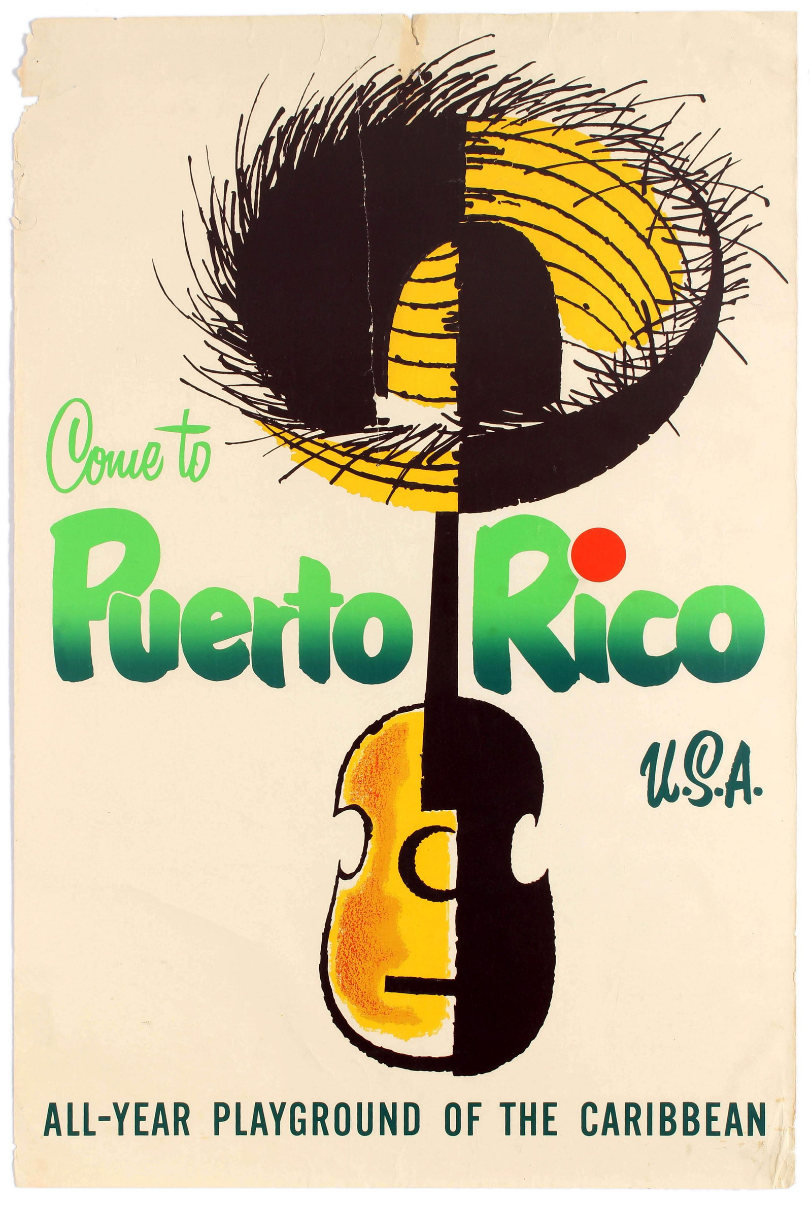 Travel Poster Come to Puerto Rico USA Caribbean: Original vintage travel poster for Puerto Rico featuring an illustration of a sombrero resting on top of a guitar with the message - Come to Puerto Rico USA - All year playground of the Caribbean. Pue