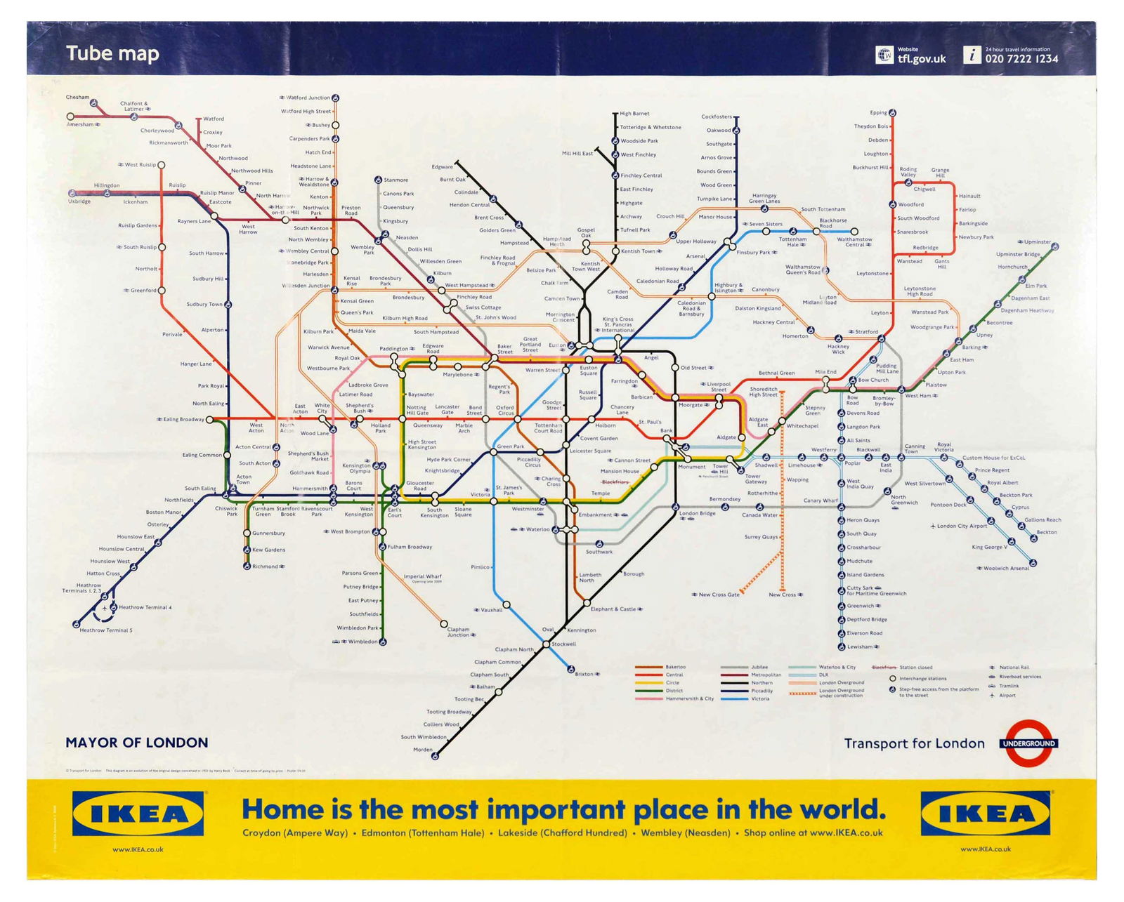 Travel Poster Tube Map TFL Ikea London Underground: Original travel poster featuring Transport for London Tube map marking Bakerloo, Central, Circle, District, Hammersmith & City, Jubilee, Metropolitan, Northern, Piccadilly, Victoria, Waterloo & City,