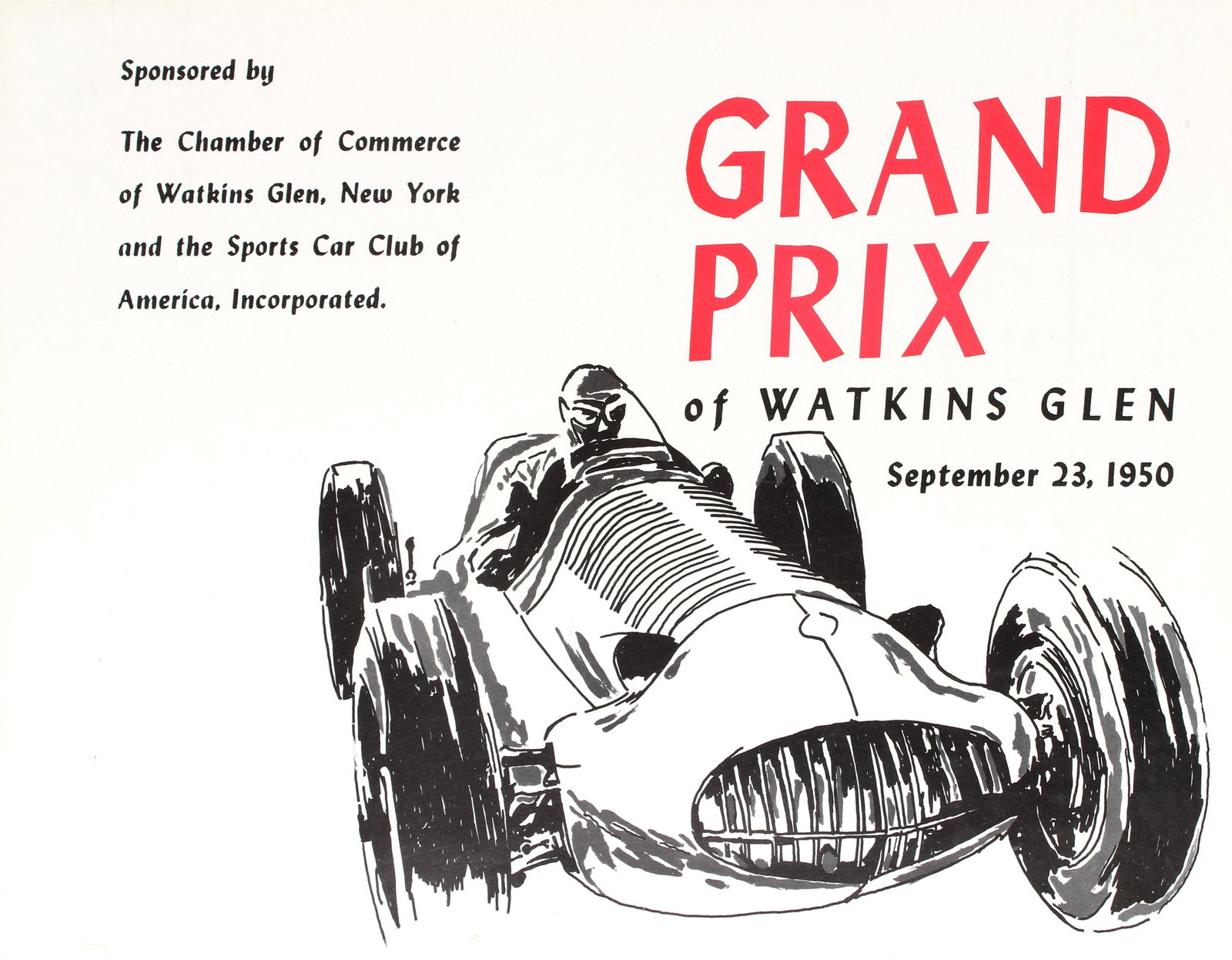 Sport Poster Watkins Glen Grand Prix F1 Sports Car: Original vintage sports car race event poster for the Grand Prix of Watkins Glen on September 23, 1950 sponsored by The Chamber of Commerce of Watkins Glen New York and the Sports Car Club of America