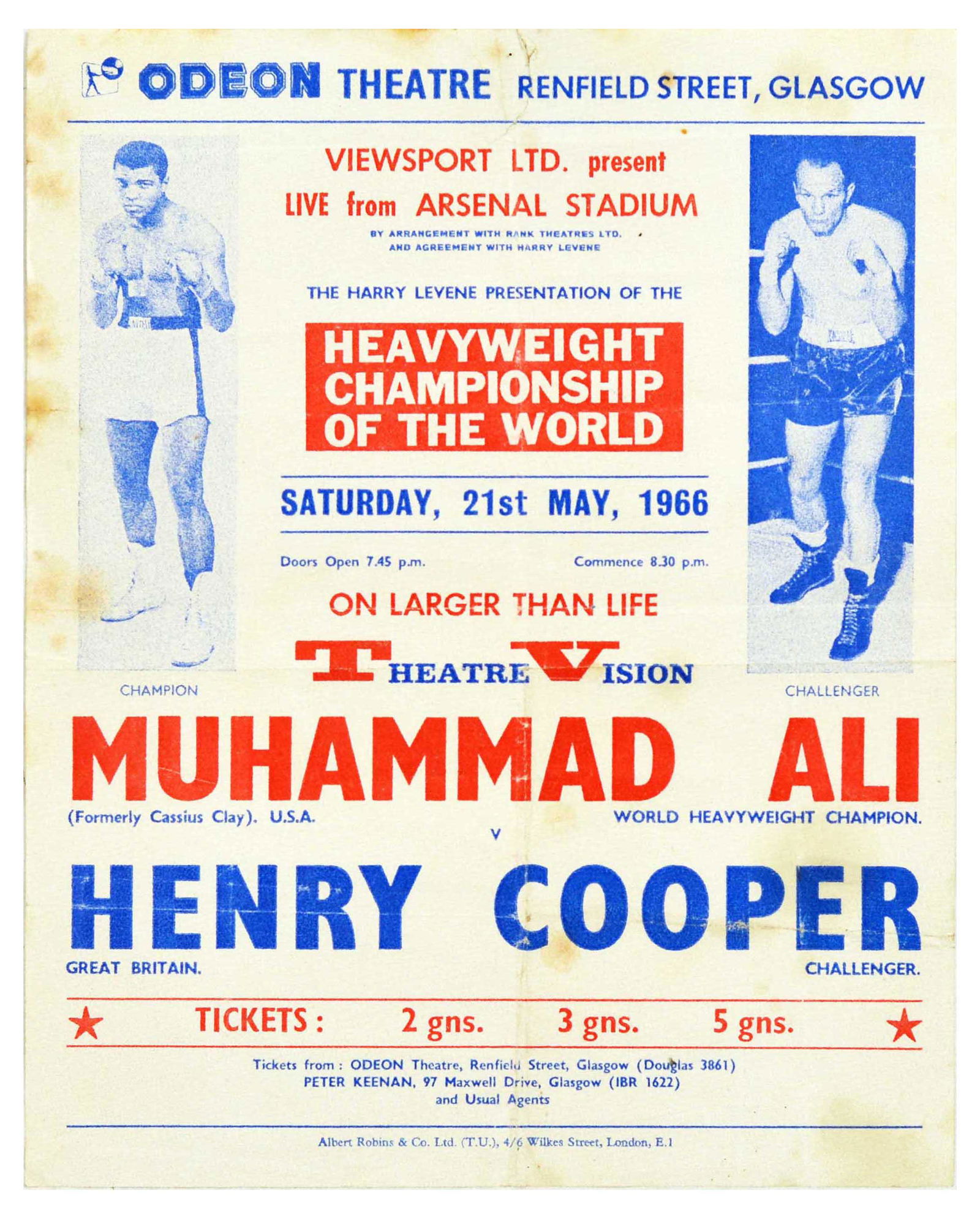 Sport Poster Muhammad Ali Henry Cooper Boxing Heavyweight: Original vintage sport advertising poster for Odeon Theatre Renfield Street, Glasgow telecast for Heavyweight Championship of the World Saturday 21st May 1966 on larger than life Theatre Vision Muhamm