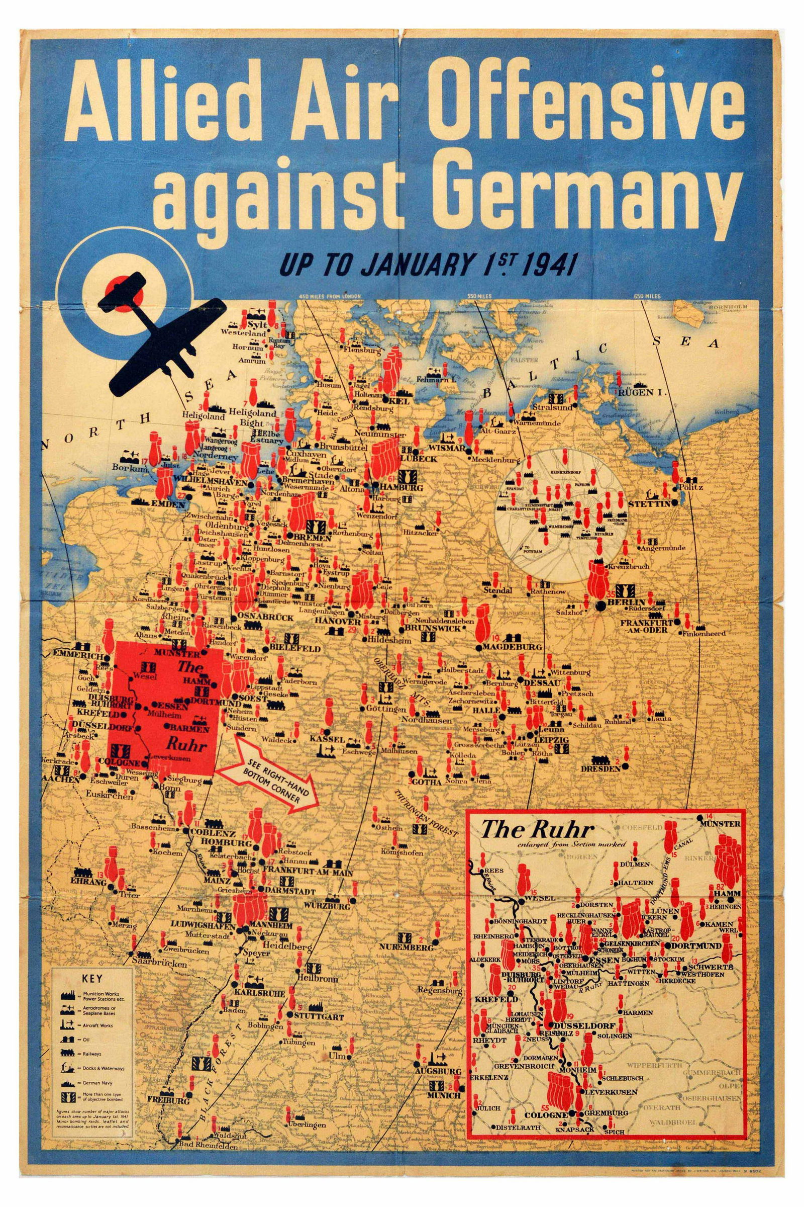 War Poster WWII The Blitz Allied Air Offensive Germany Aerial Bombing: Original vintage propaganda poster depicting World War Two Allied Air Offensive against Germany up to January 1st 1941. The poster features an aerial bombing map of Northern Germany with an enlarged i