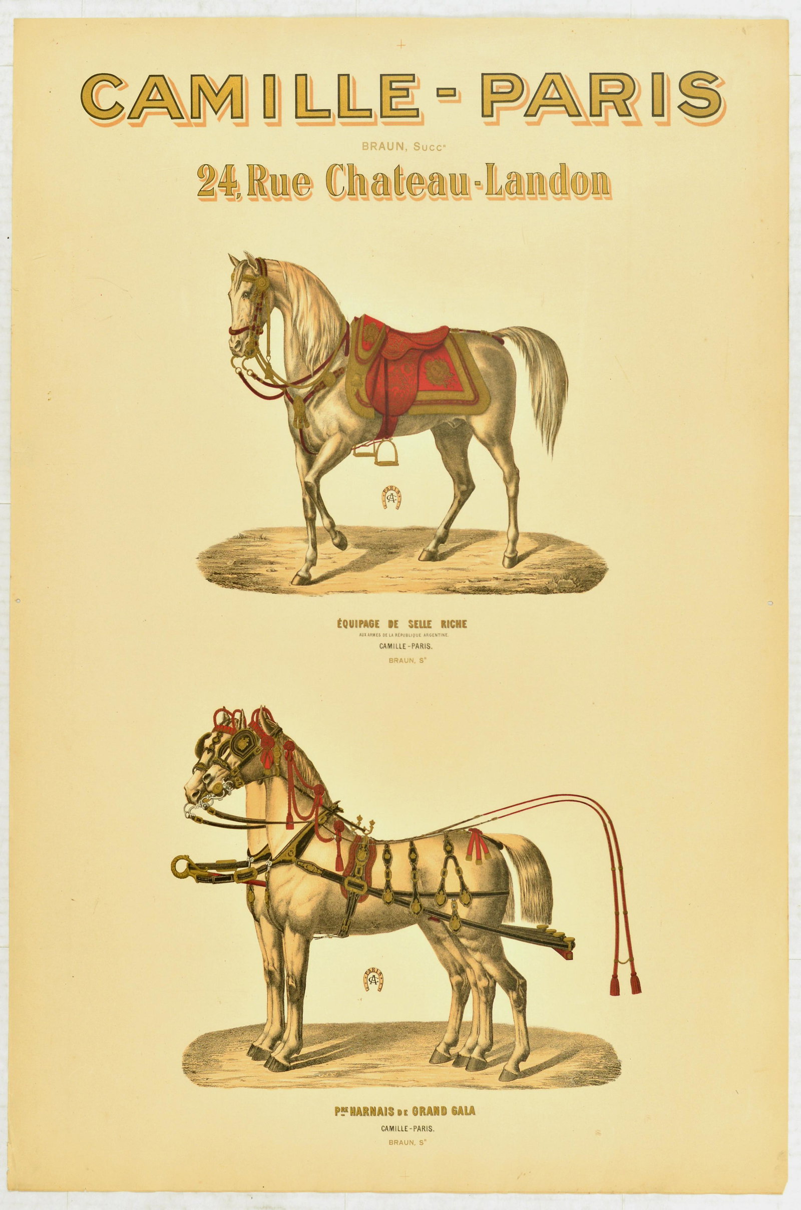 Advertising Poster Camille Paris Horse Harness: Original antique advertising poster for a French manufacturer of horse harnesses and saddles Camille - Paris at 24 Rue Chateau Landon in Paris, France. Pictures shows a horse in a single person equipm