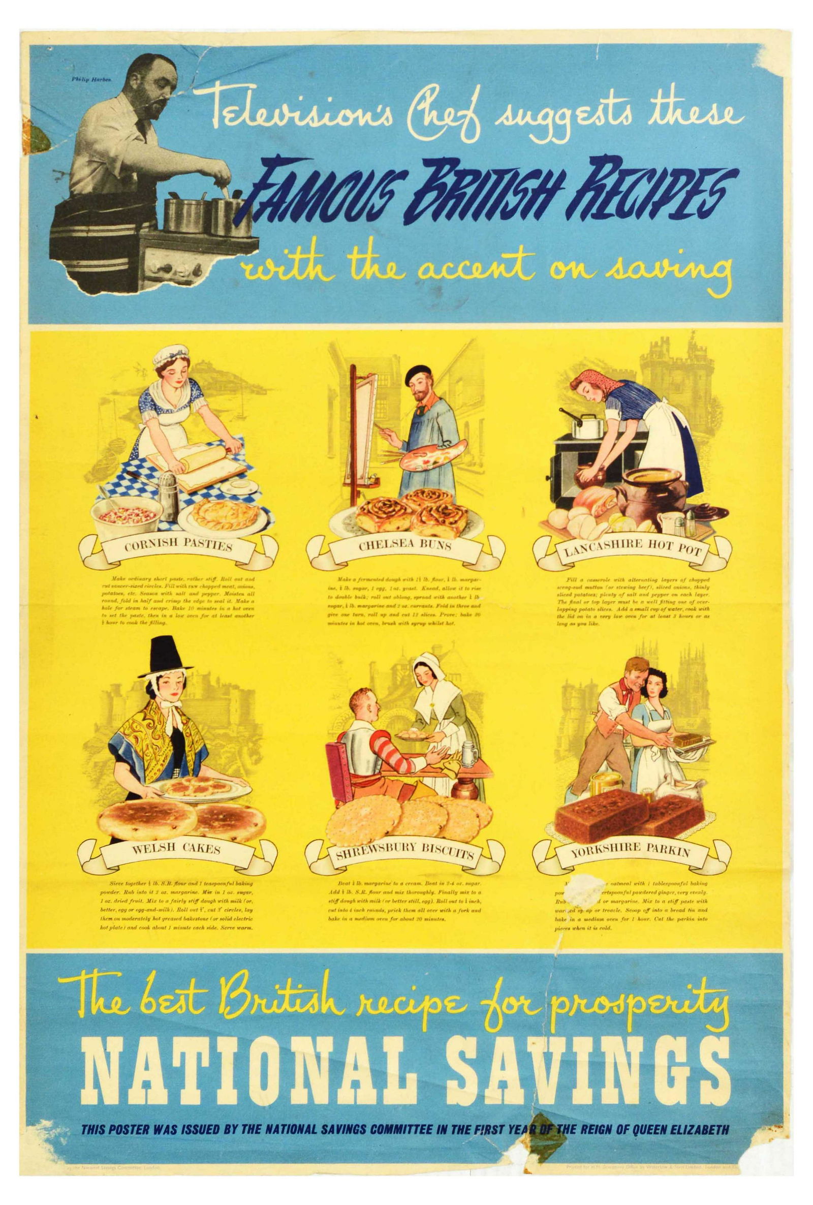 Advertising Poster Set National Savings British Recipes Fashin Royal Navy: Set of 6 original vintage National Savings posters. 1. Television's chef suggests these famous British recipes with the accent on savings. Design features illusrations of people cooking some iconic Br