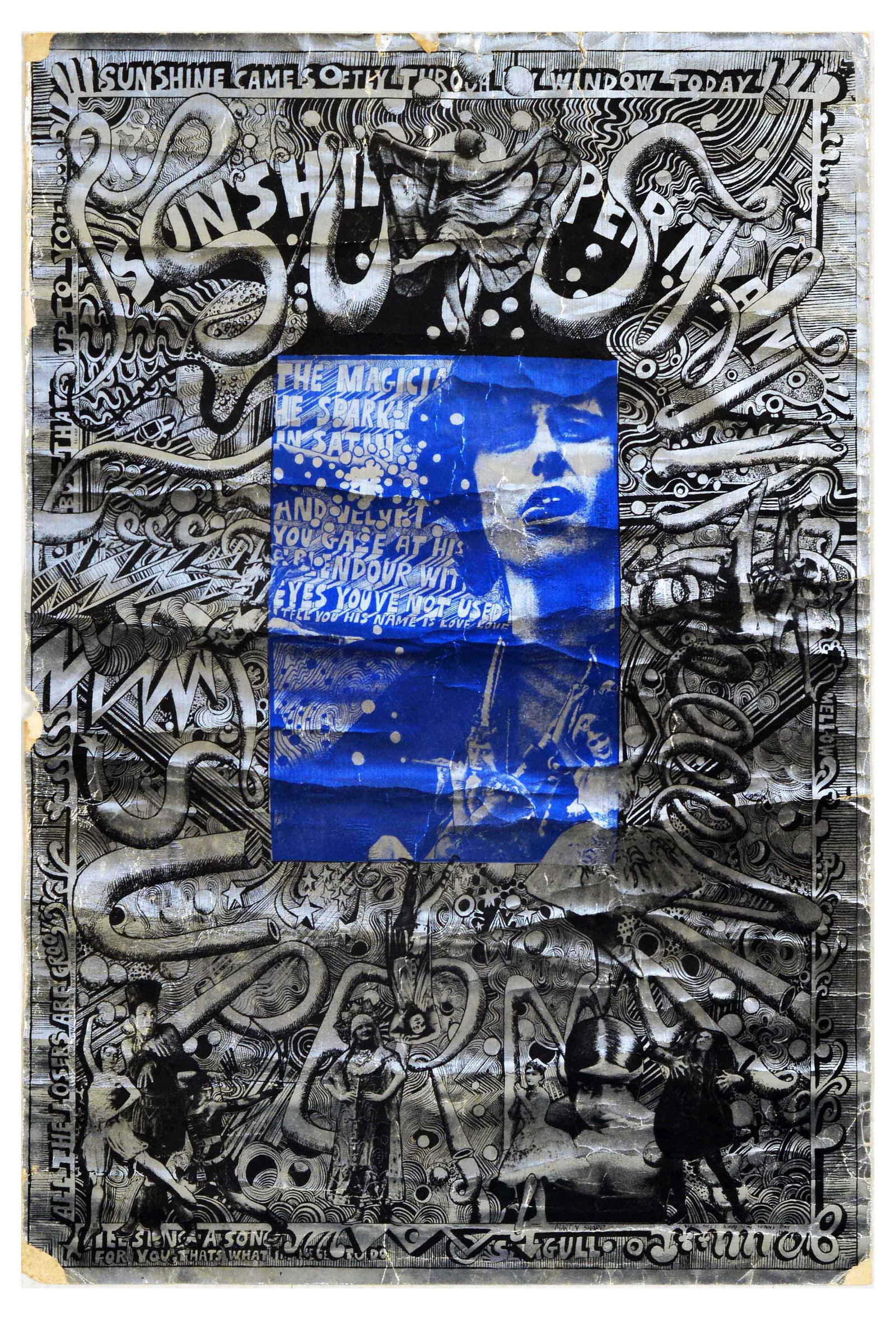 Advertising Poster Sunshine Superman Donovan Silver Print: Original vintage advertising poster for Sunshine Superman by Donovan featuring silver and blue metallic foiled paper lithograph designed by Martin Sharp, depicting dancing people, psychedelic shapes a