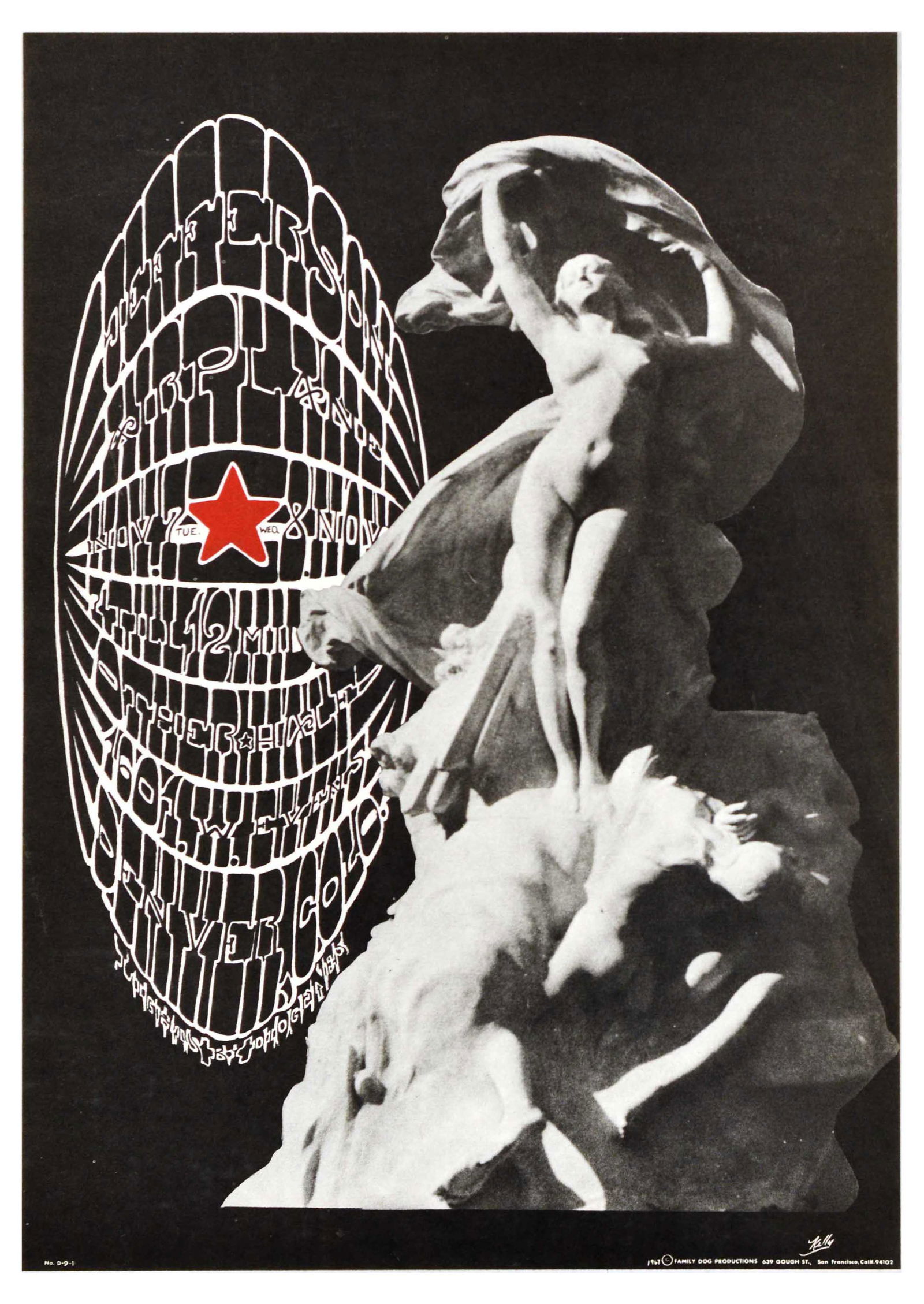 Advertising Poster Jefferson Airplane Psychedelic Rock Band: Original vintage advertising poster for Jefferson Airplane music concert featuring a stylised white writing on black background and a statue of a nude lady holding. Family Dog Productions. Jefferson A