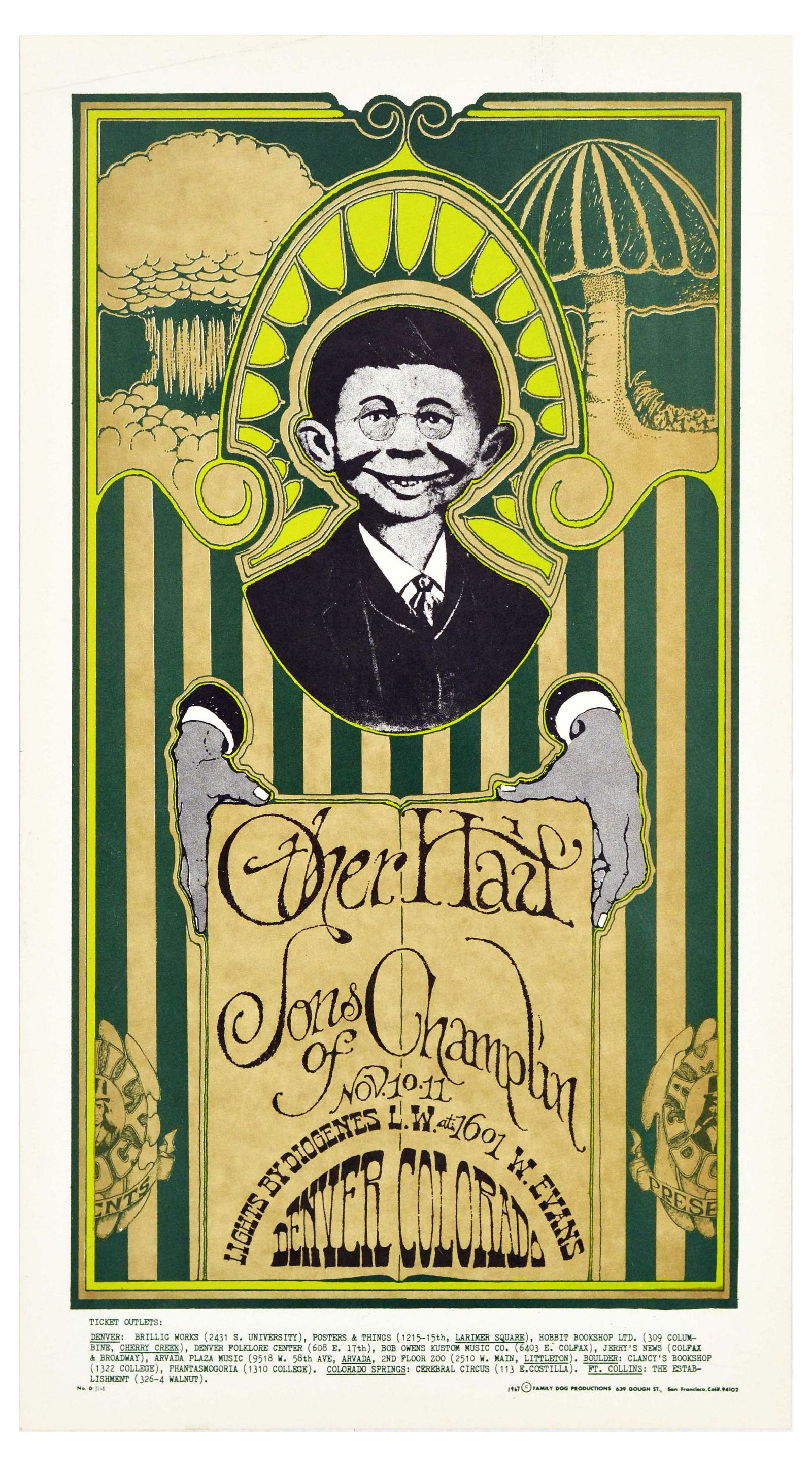 Advertising Poster Other Half Sons Of Champlin Psychedelic Music Concert: Original vintage advertising poster for Other Half and Sons of Champlin music concert Nov 10-11 at 1601 W. Evans Denver Colorado, featuring a caricature of an Asian man in glasses and suit holding up