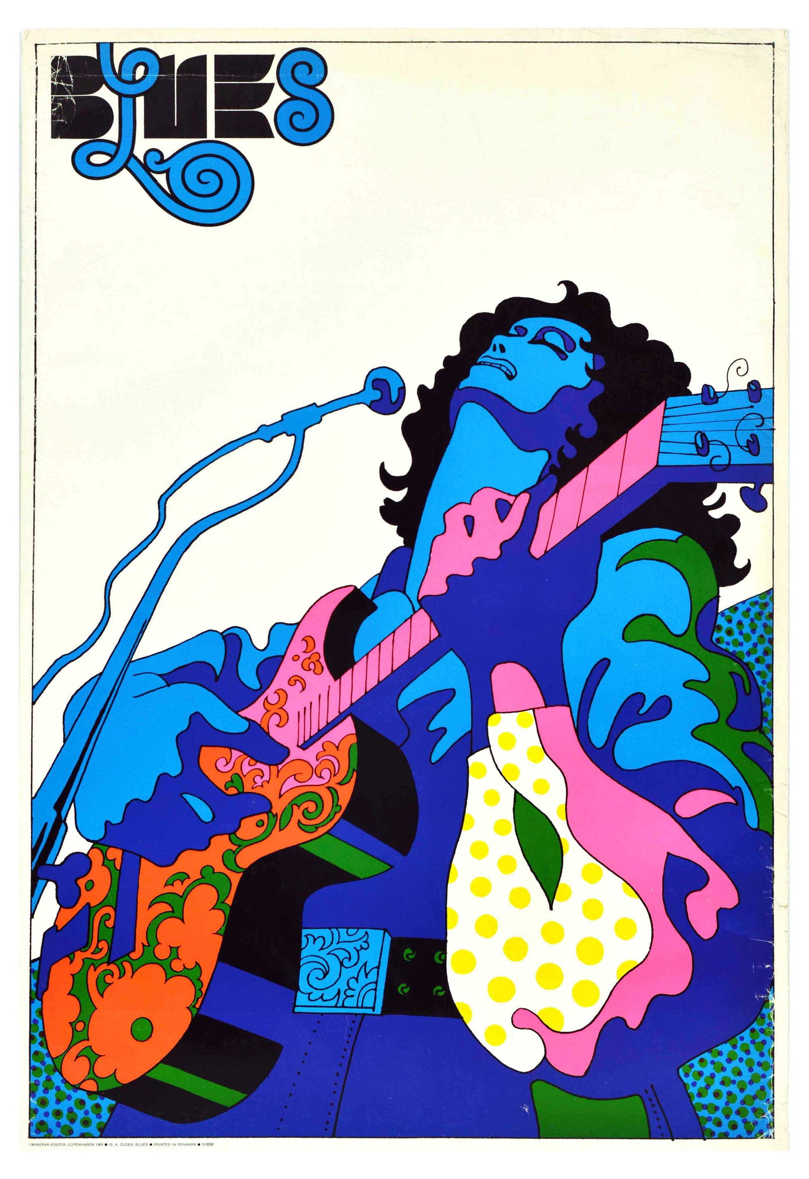 Advertising Poster Blues Music Hippy Psychedelic: Original vintage advertising poster Blues featuring a colourful floral and polka dot pattern illustration of a musician playing guitar and stylised lettering set over white background. Published by Mi