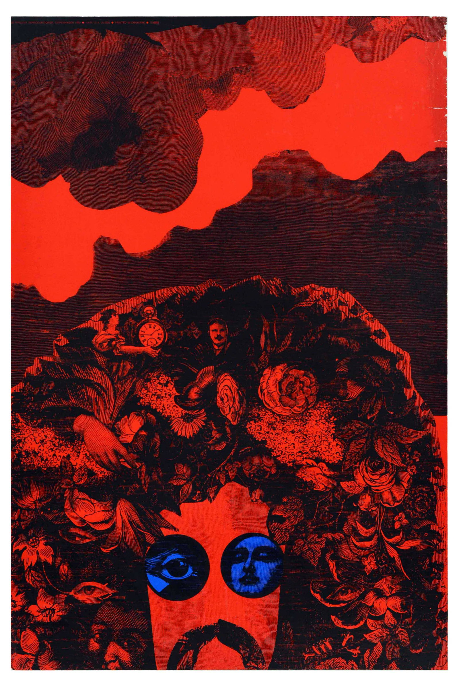 Advertising Poster Hair Clouds Clock Psychedelic Hippy: Original vintage advertising poster Hair featuring a psychedelic red floral pattern with faces and eyes forming the hair and blue glasses with red clouds above. Good condition, creasing, tears, staini