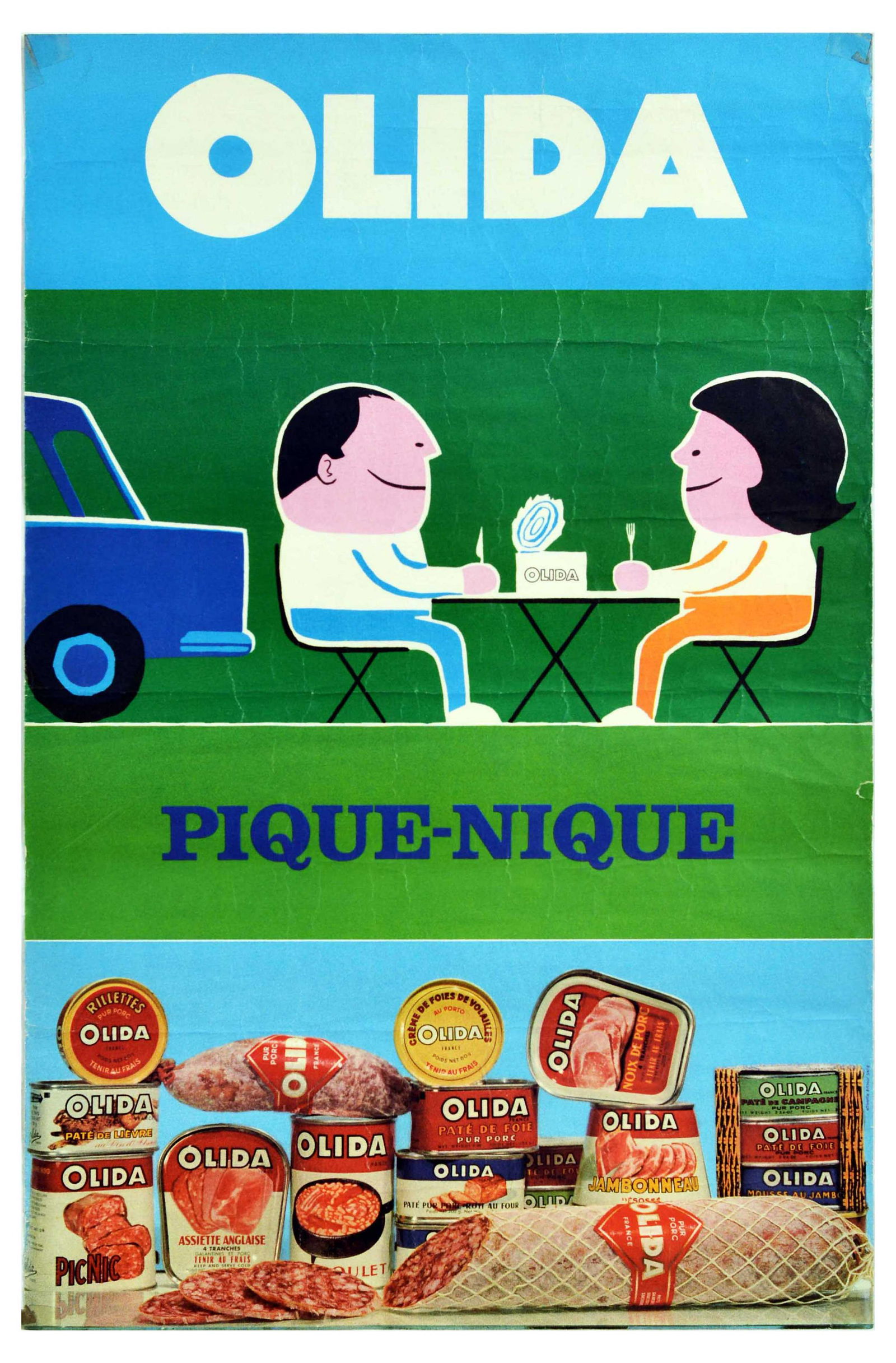 Advertising Poster Olida Pique-Nique Picnic Sausage Meat Products: Original vintage advertising poster for Olida production, the poster features a fun illustration of a couple on a picnic with a can of Olida products on the table, photograph of sausages, pate, and pi