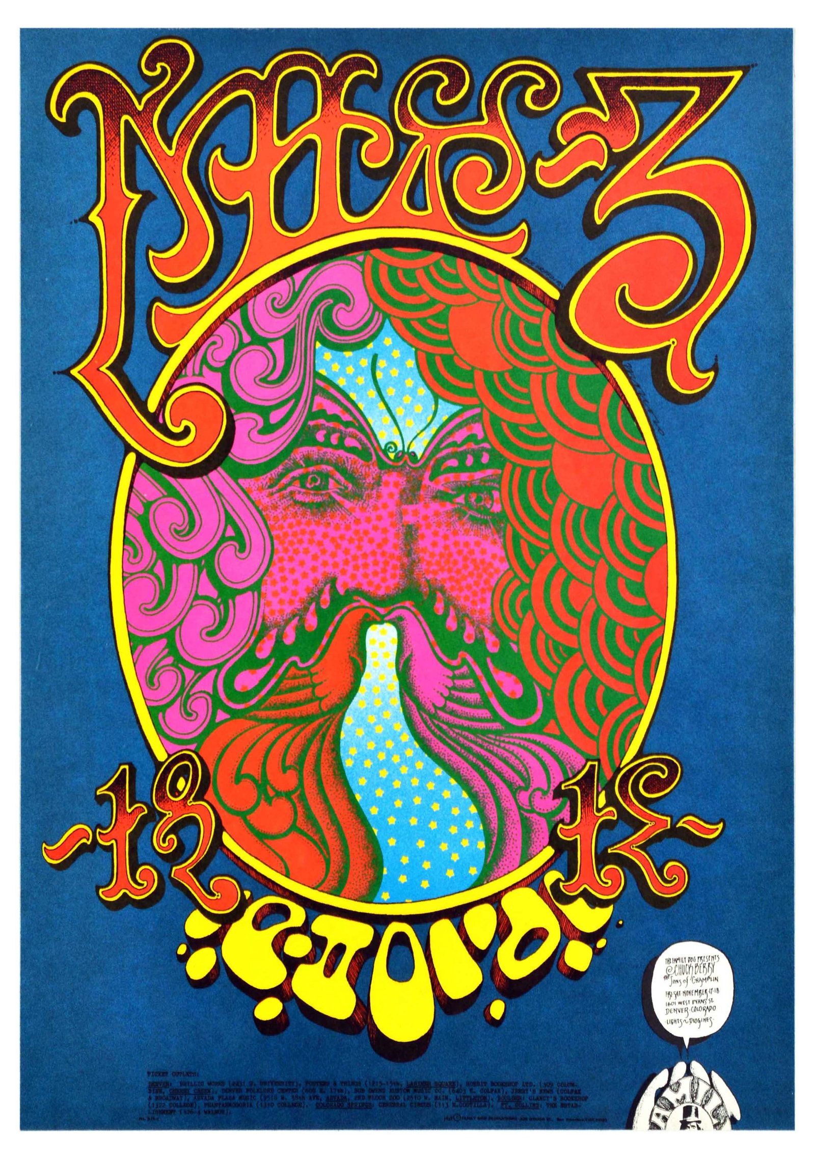 Advertising Poster Chuck Berry Sons Of Champlin Psychedelic Rock Music Concert: Original vintage advertising poster for Chuck Berry The Sons of Champlin concert November 17-18 1602 West Evans St. Denver Colorado, featuring a bold psychedelic design in a butterfly doubling as a ma