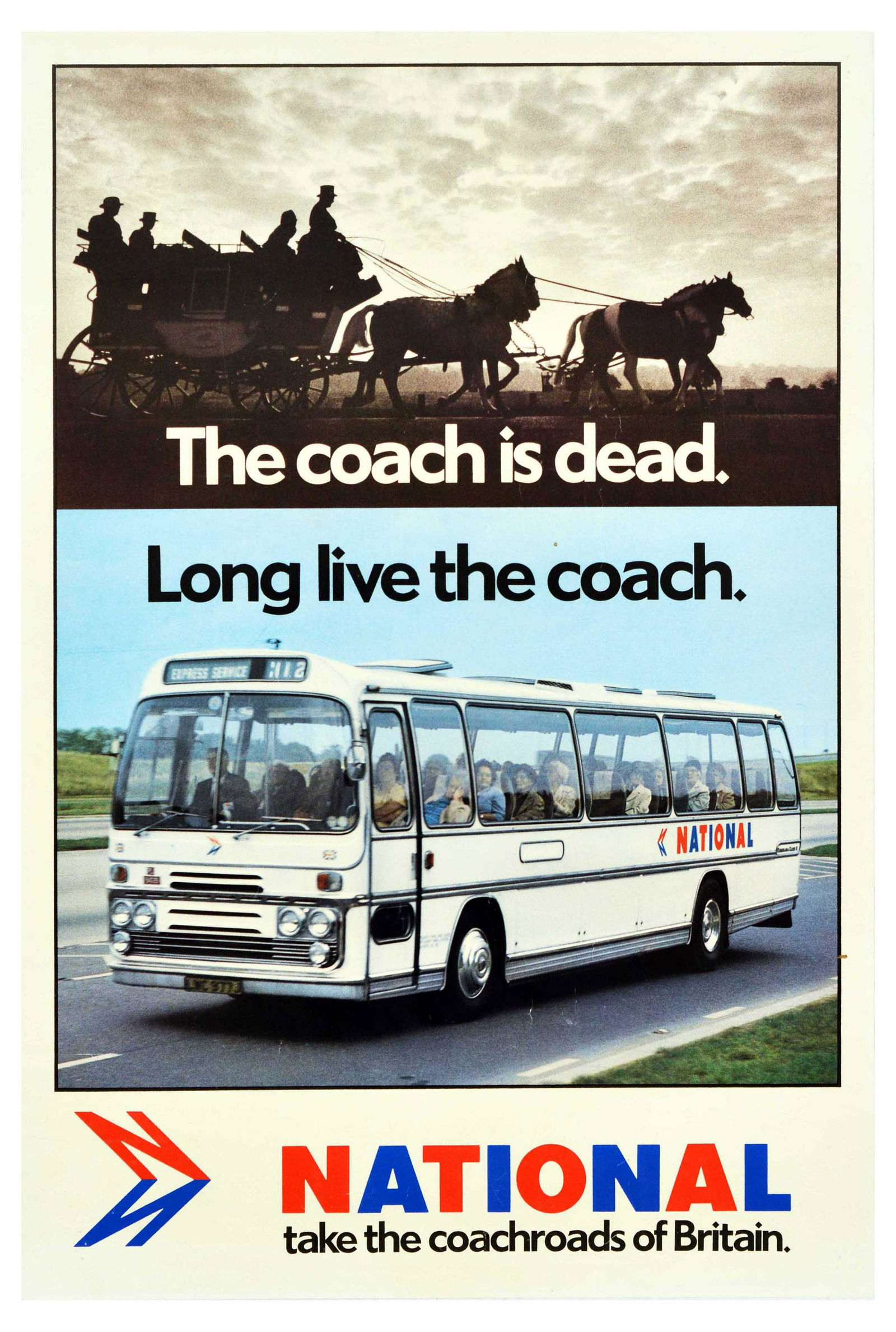 Advertising Poster Set National Express Coach Hong Kong Bus: Set of 3 coach company original vintage advertising posters. 1. National, featuring a photograph of people on a horse carriage, and a group of people on a bus, caption reads â€“ The coach is dead