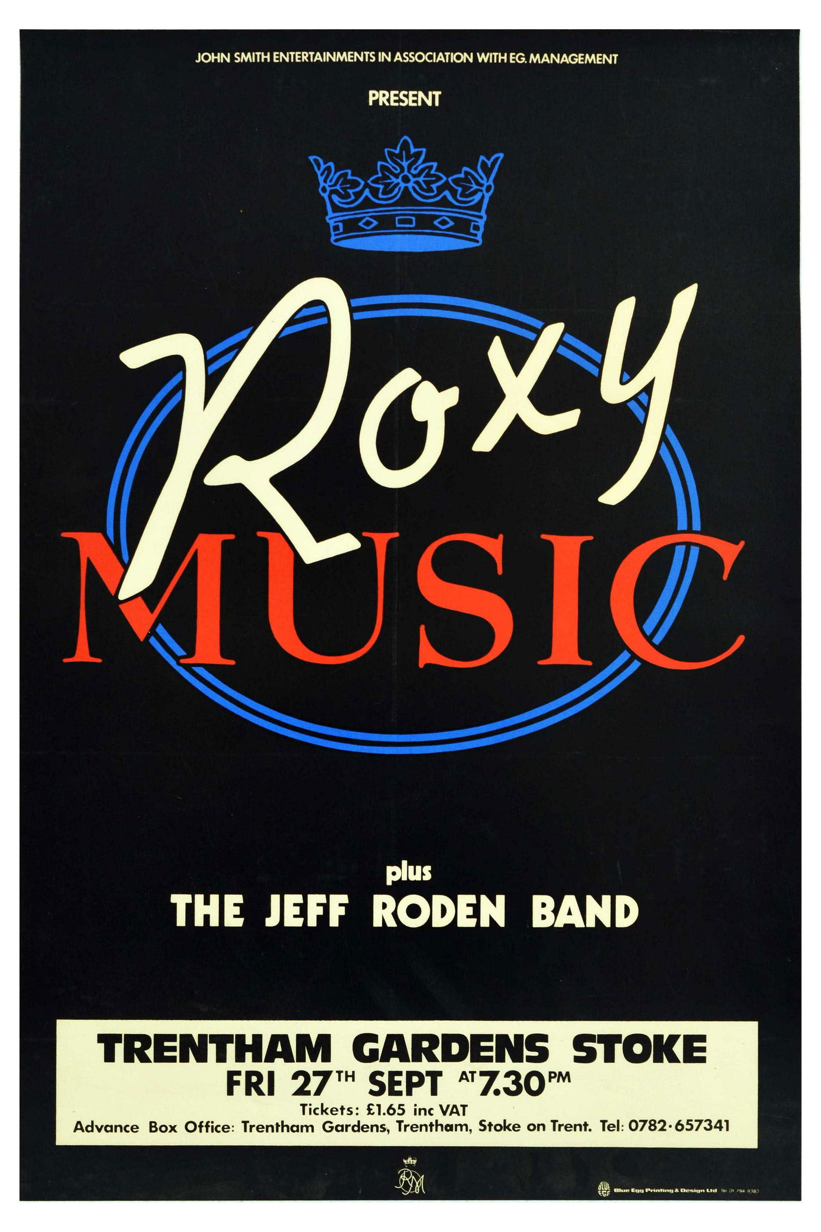 Advertising Poster Roxy Music Trentham Gardens Stoke Jeff Roden Band: Original vintage music poster advertising a Roxy Music concert at Trentham Gardens in Stoke - Design features a Roxy Music crown logo on a black background. The show was presented by John Smith Entert