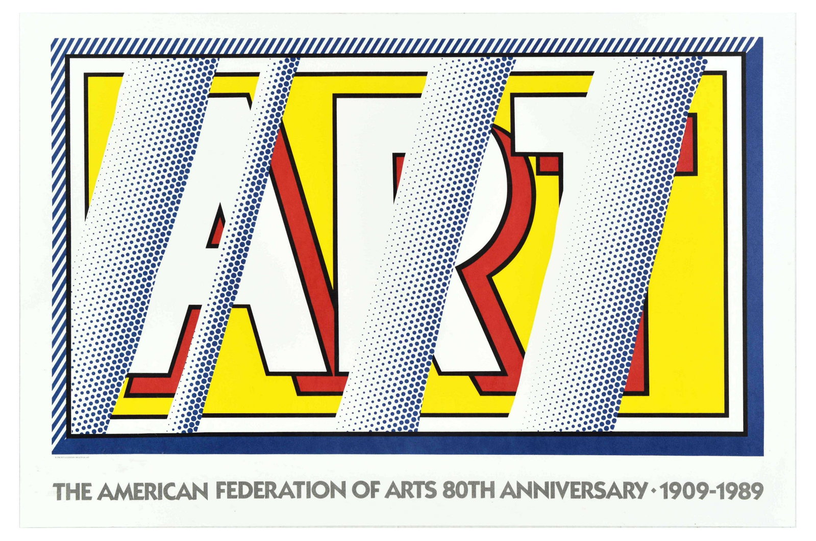 Advertising Poster Art American Federation Pop Art: Original vintage advertising poster commemorating The American Federation of Arts 80th Anniversary 1909-1989, featuring a pop art dotted design in blue and yellow and bold lettering reading â€˜art