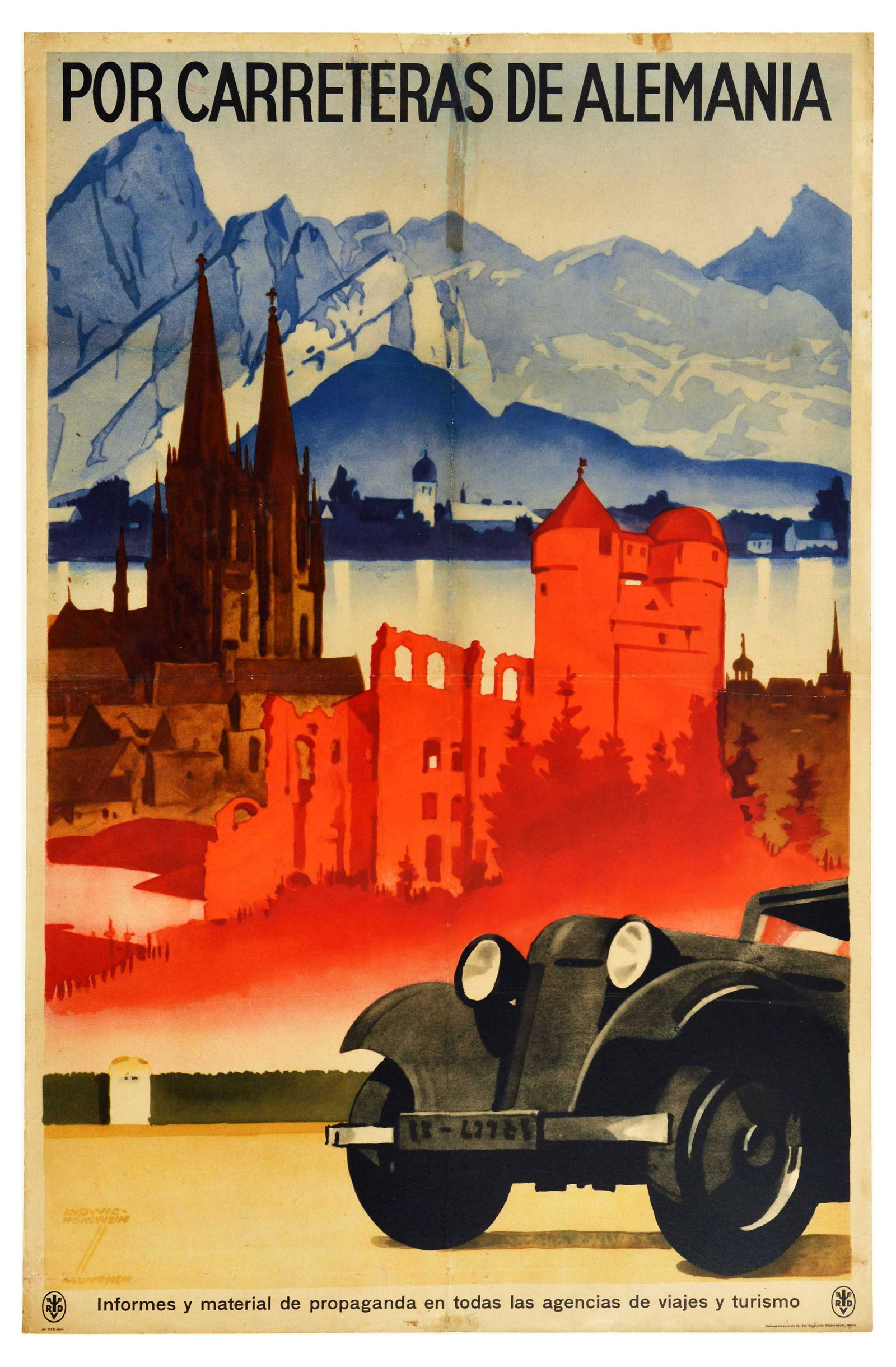 Travel Poster Motoring In Germany Art Deco Ludwig Hohlwein Por Carreteras De Alemania: Original vintage travel poster promoting Motoring in Germany / Por Carreteras De Alemania featuring a great illustration by the notable German poster artist Ludwig Hohlwein (1874-1949) of a Classic ca