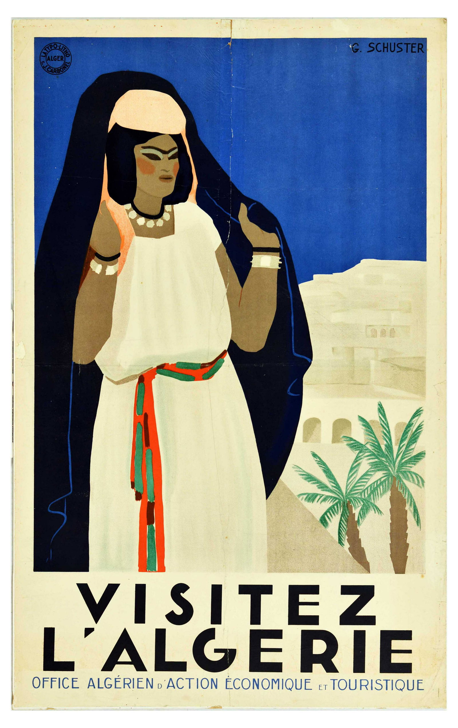 Travel Poster Algeria Visitez Algerie Art Deco: Original vintage travel poster for Algeria. Art Deco style image of a lady in a white national dress with a black cape pver her head and shoulders. The background shows a town white walled buildings a