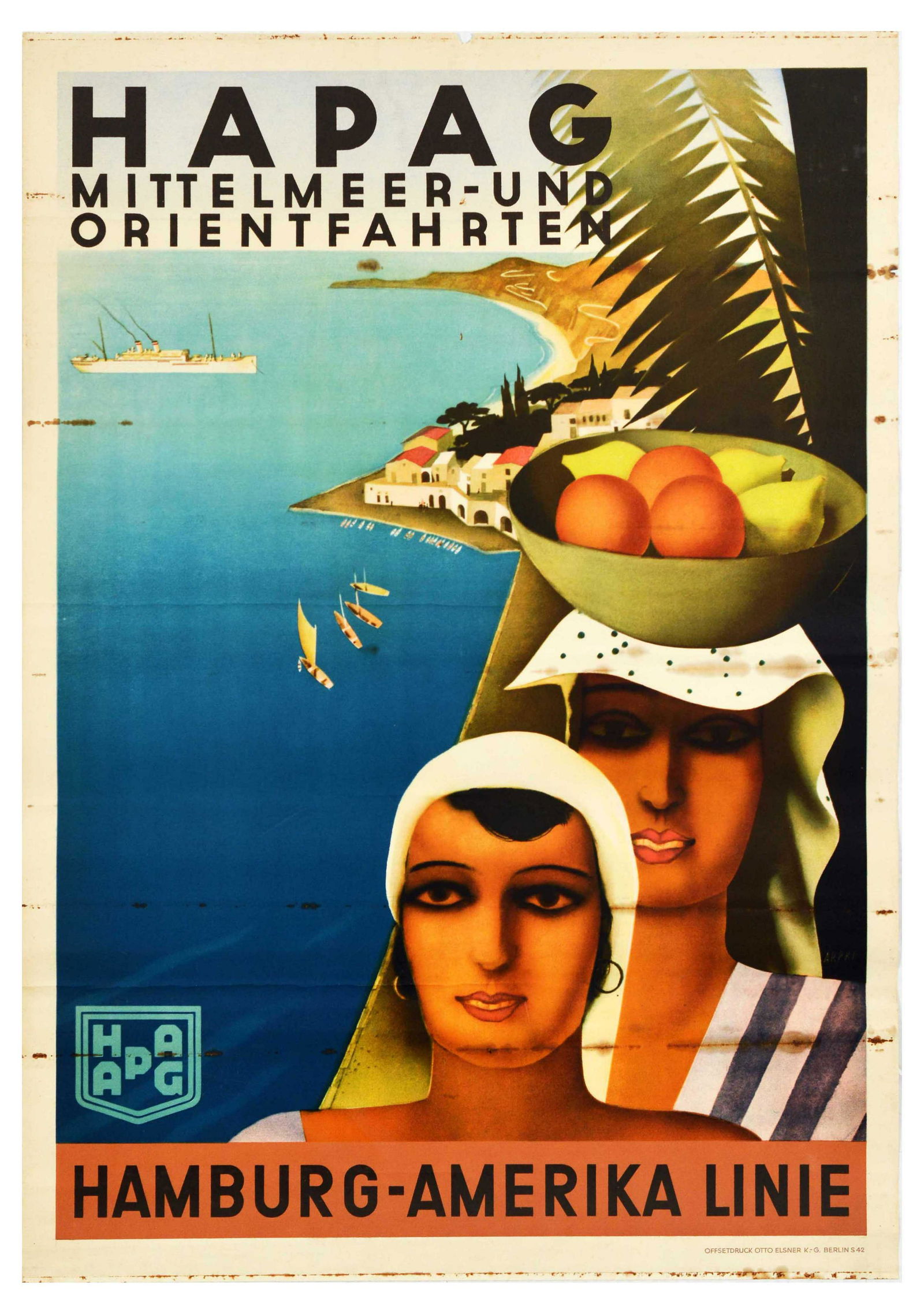 Travel Poster HAPAG Mediterranean Art Deco Orient Cruise Ship: Original vintage travel advertising poster in German: HAPAG Mediterranean and Orient trips / HAPAG Mittelmeer-und Orientfahrten on Hamburg-America Line. Fantastic design showing the steam ship sailing