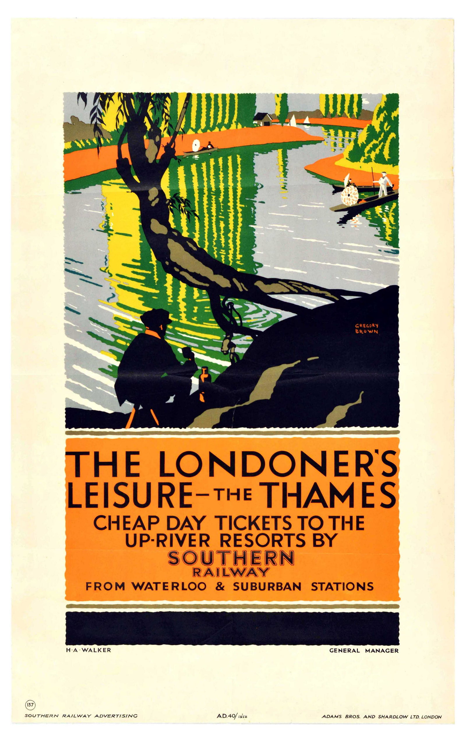 Travel Poster Londoners Leisure London The Thames Southern Railway: Original vintage travel advertising poster for Southern Railway: The Londoner's Leisure - the Thames cheap day tickets to the up-river resorts by Southern Railway from Waterloo and suburban stations. 