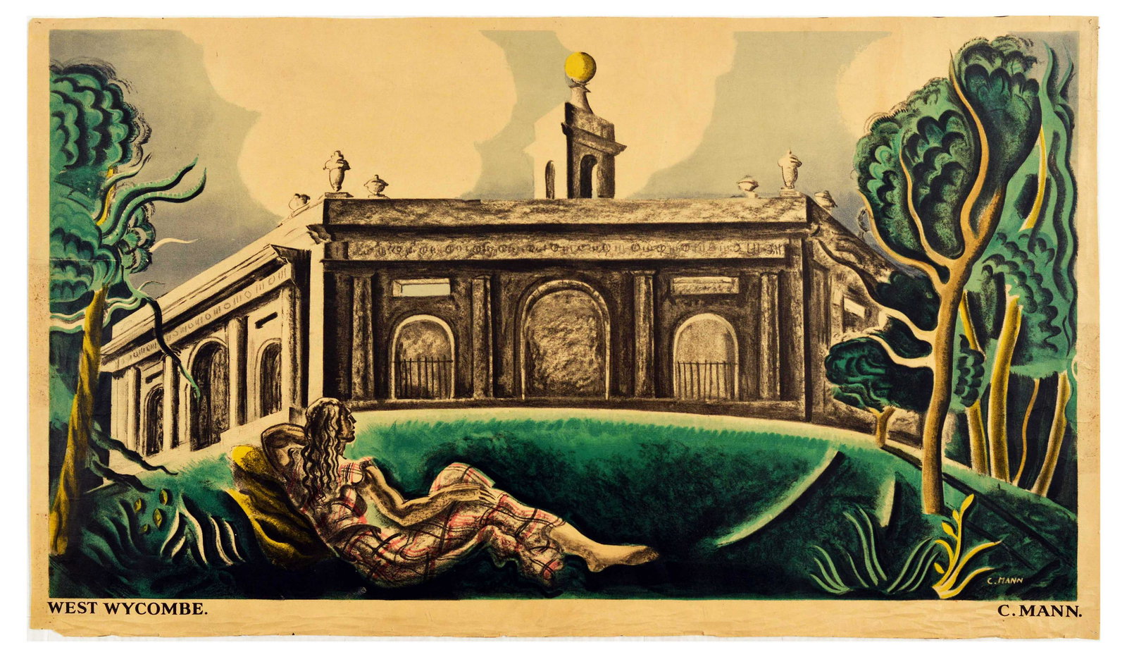 Travel Poster West Wycombe Cathleen Mann Estate Shell Oil: Original vintage travel advertising poster Everywhere You Go You Can Be Sure Of Shell for West Wycombe - Design by Cathleen Mann (1896-1959) features a lady laying on the grass with West Wycombe estat