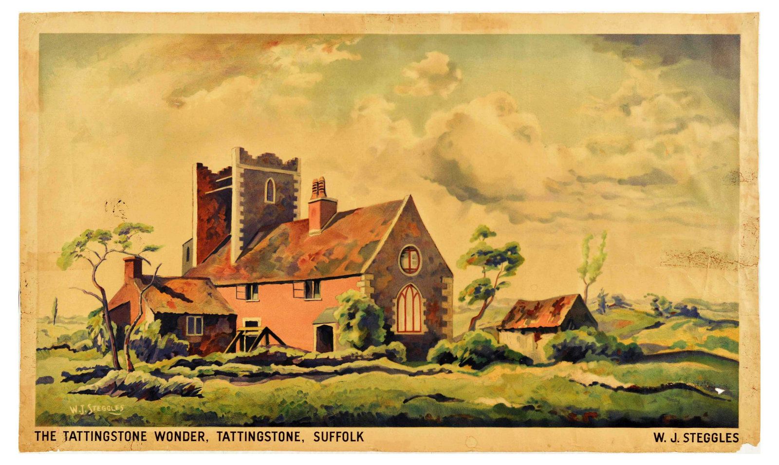 Travel Poster Tattingstone Wonder Folly Suffolk Steggles Shell: Original vintage travel advertising poster issued by Shell Company - To visit Britain's landmarks, The Tattingstone Wonder, Suffolk, you can be sure of Shell. Featuring a great design by a British art