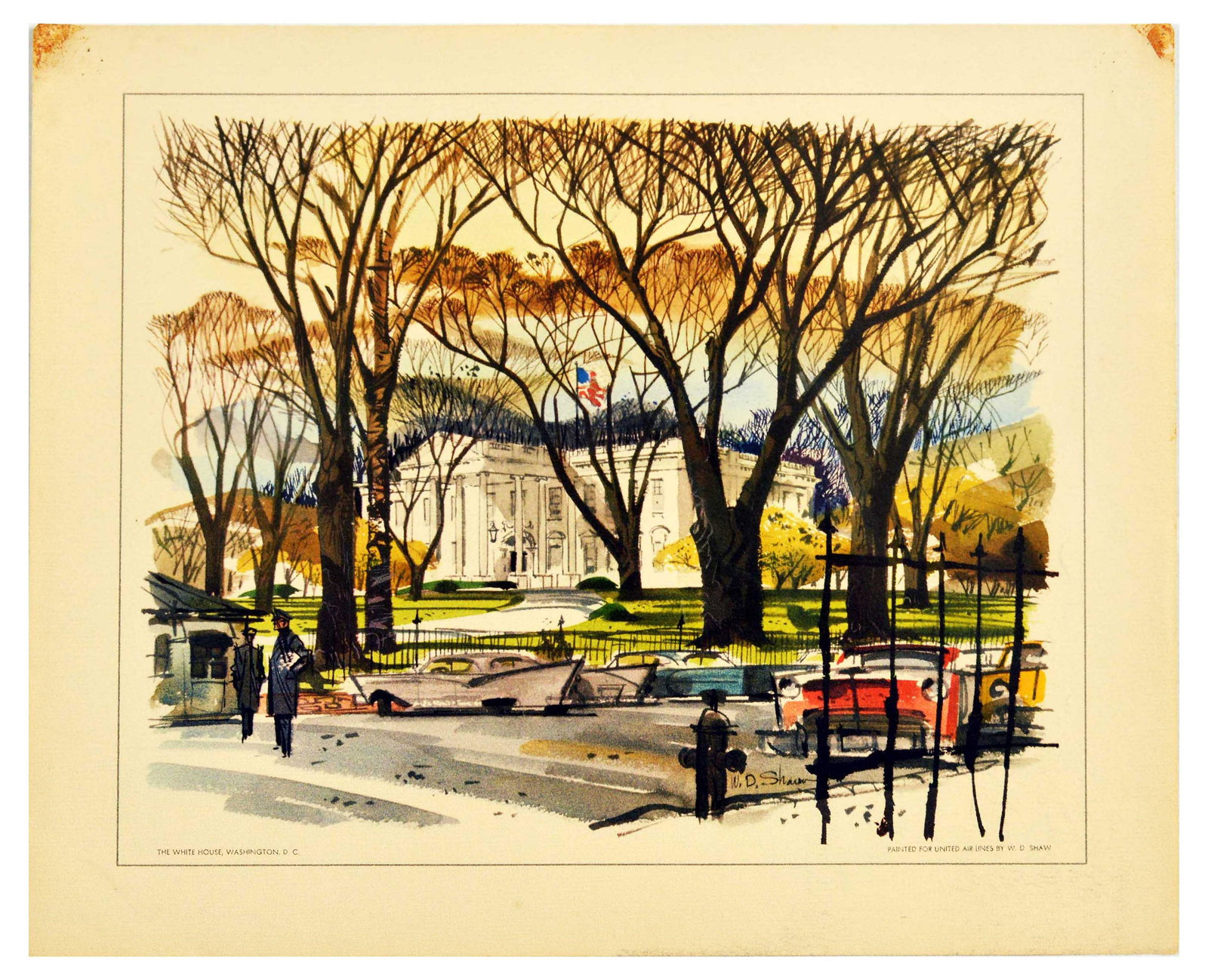 Travel Poster United Airlines The White House Washington DC: Original vintage travel advertising poster The White House Washington D.C. by United Air Lines, the poster features colourful illustration by W.D. Shaw depicting an autumn view of The White House thro