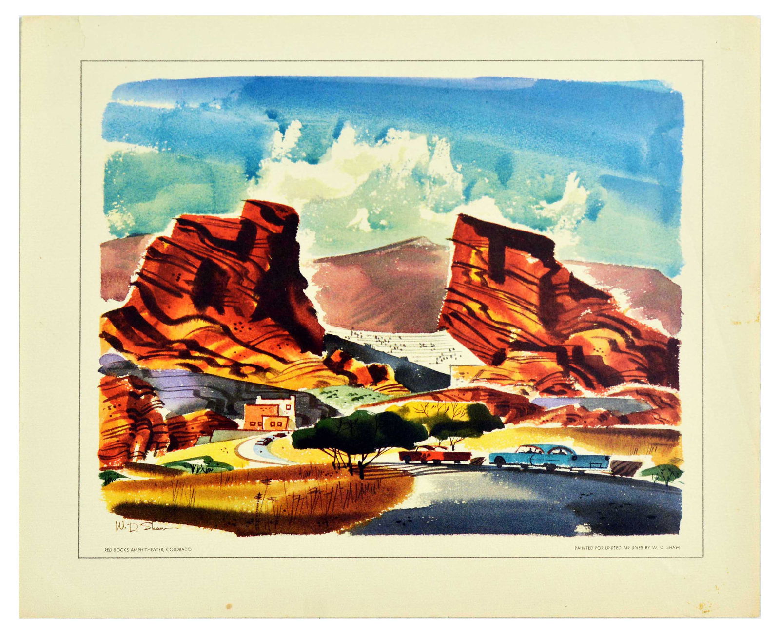 Travel Poster United Airlines Red Rocks Amphitheatre Colorado: Original vintage travel advertising poster Red Rocks Amphitheater Colorado by United Air Lines, the poster features colourful illustration by W.D. Shaw depicting Red Rocks open-air amphitheatre built