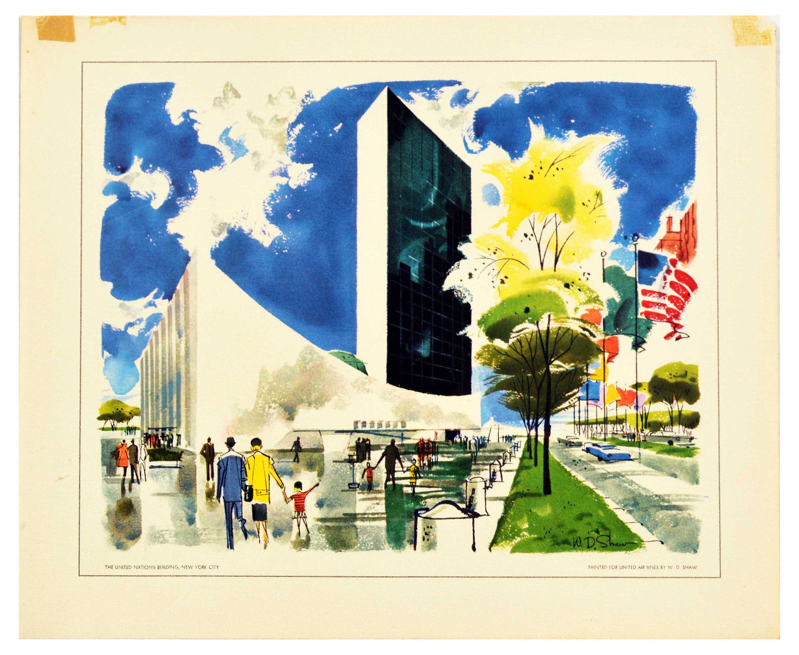 Travel Poster United Airlines United Nations Building New York: Original vintage travel advertising poster The United Nations Building New York City by United Air Lines, the poster features colourful illustration by W.D. Shaw depicting people and families walking 