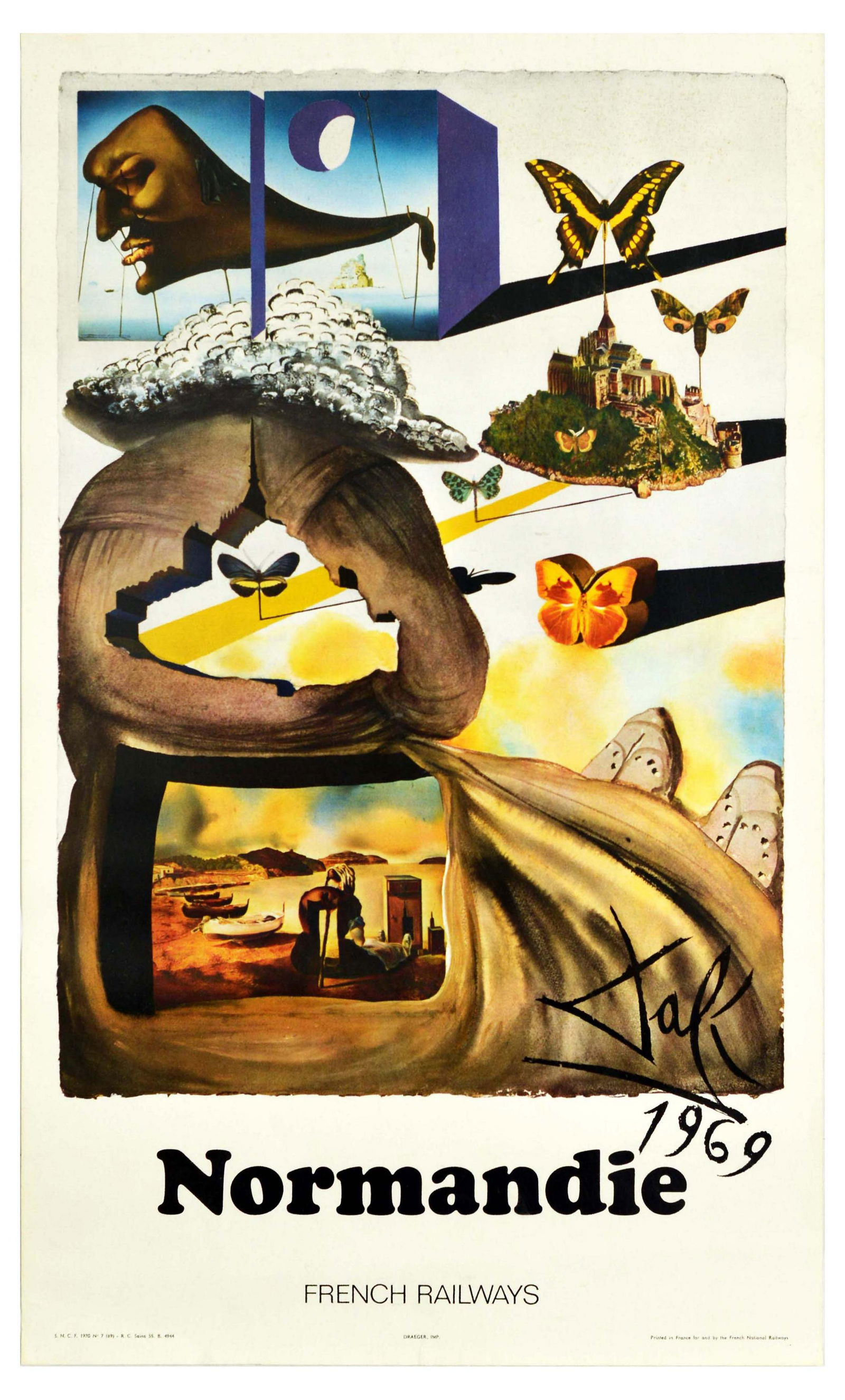 Travel Poster Travel Posters Normandie by Dali: Original vintage travel poster advertising Normandy, featuring butterflies and other iconic images designed by the renowned surrealist artist, Salvador Dali (1904-1989), for the French National Railwa