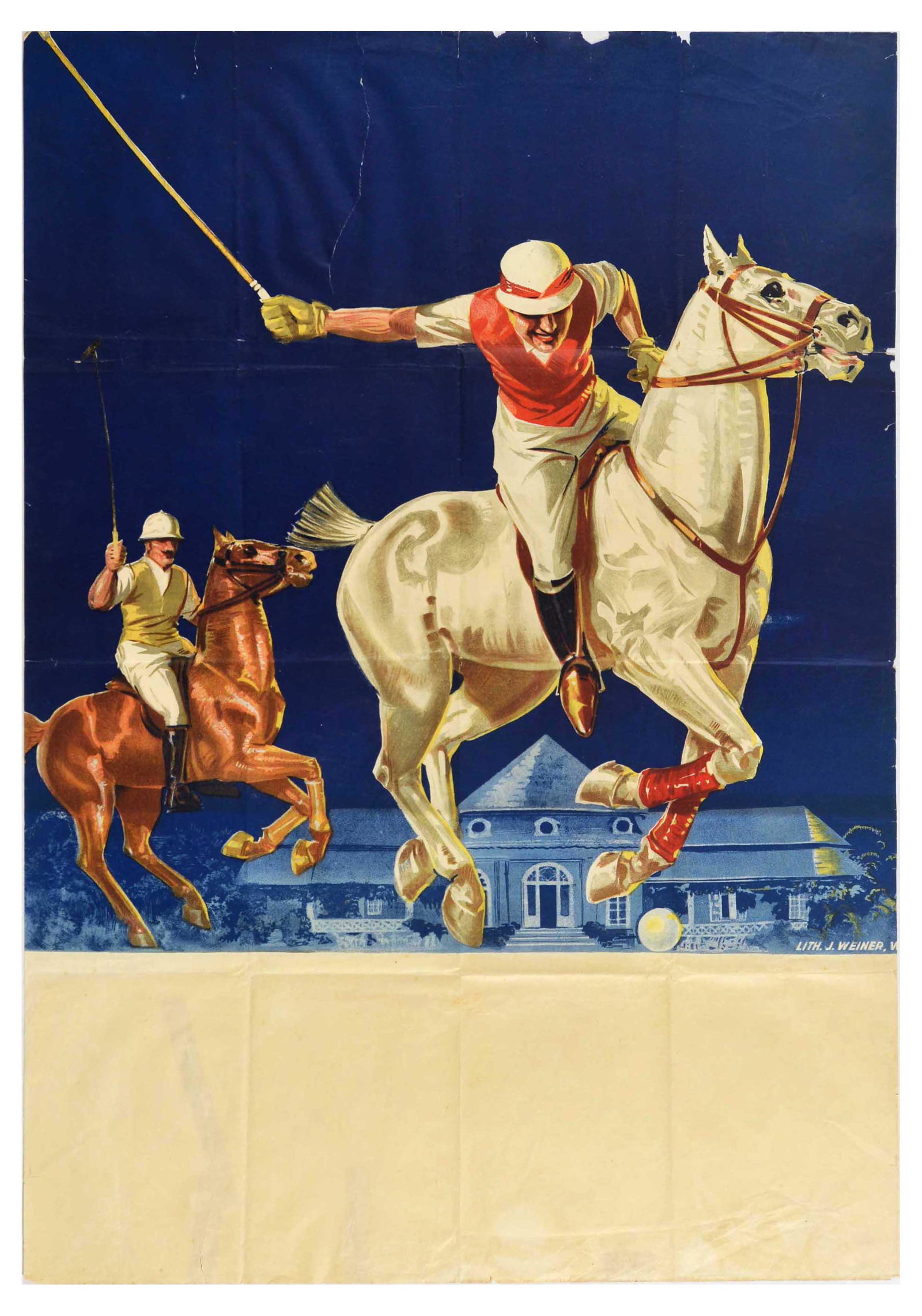 Sport Poster Polo Player Art Deco White Horse: Original vintage sport poster for polo, featuring an illustration of a polo player on a white horse about to strike a ball in the foreground with a player on a brown horse behind him, and a building s