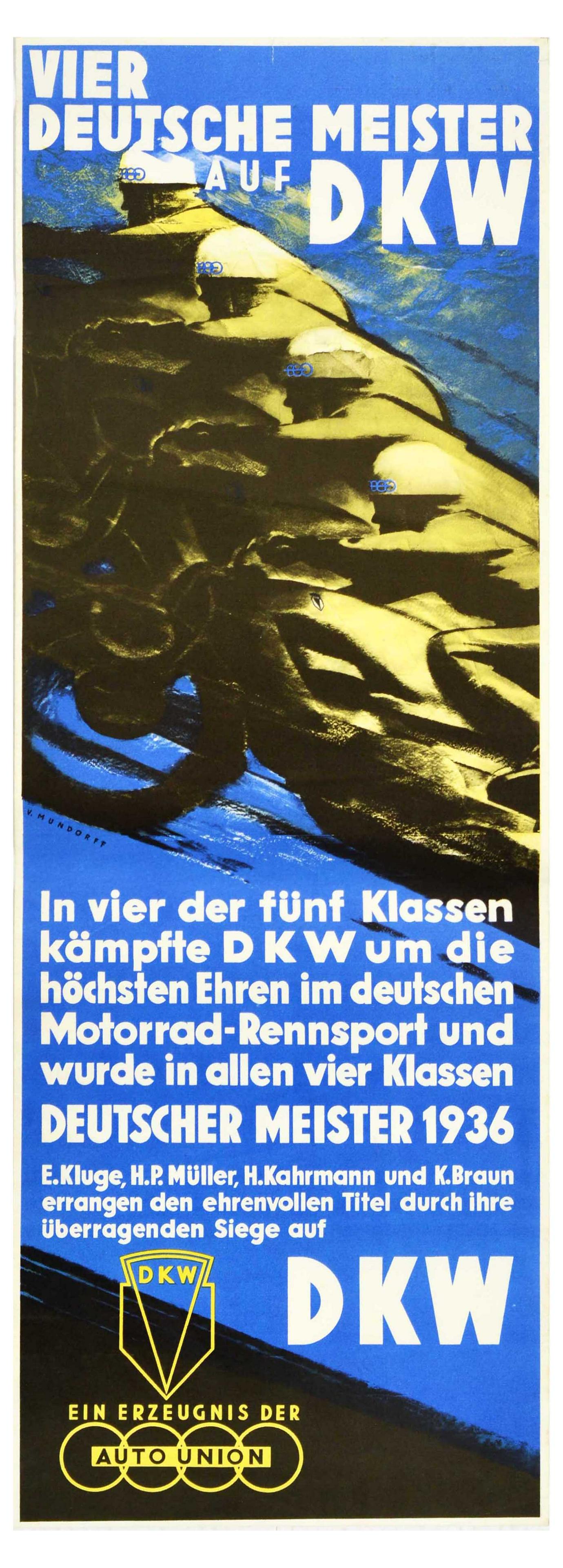 Sport Poster Motorcycle Racing DKW Art Deco German Championships: Original vintage advertising poster promoting a DKW Auto Union brand of motorcycles. Original vintage advertising poster promoting a DKW Auto Union brand of motorcycles. The poster hails their victory