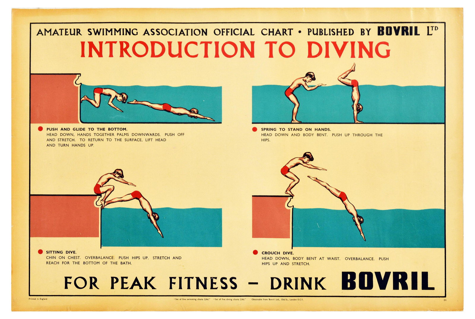 Sport Poster Introduction Diving Bovril Drink Swimming Association: Original vintage sports advertising poster Amateur Swimming Association Official Chart published by Bovril LTD - Introduction to Diving - Illustration features two boys in red swim suits performing ba