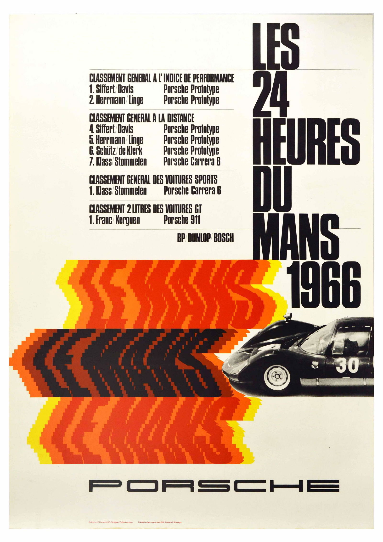 Sport Poster 24 Hours Le Mans Porsche 906 Carrera 6 1966: Original vintage motorsport poster celebrating the performance of Porsche at Les 24 Heures Du Mans 1966 / the 24 Hours of Le Mans 1966 featuring a dynamic design by Erich Strenger (1922-1993) depictin