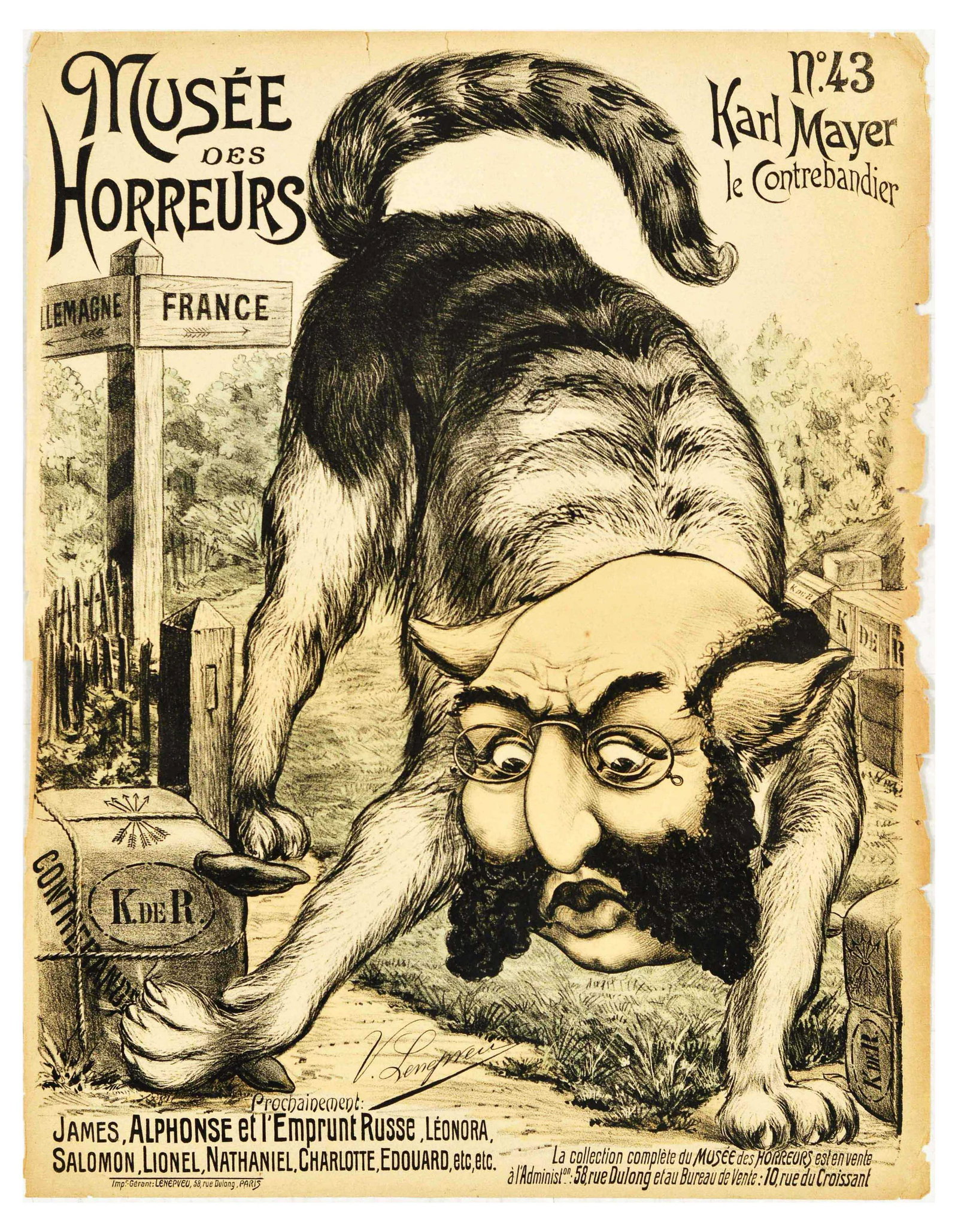 Propaganda Poster Musee Des Horreurs 43 Karl Mayer: Original antique nationalist, anti-Semitic, anti-Masonic and anti-Dreyfusard caricature poster from the series Musee des Horrors drawn by Victor Lenepveu between 1899 and 1900. Poster number 43 is tit