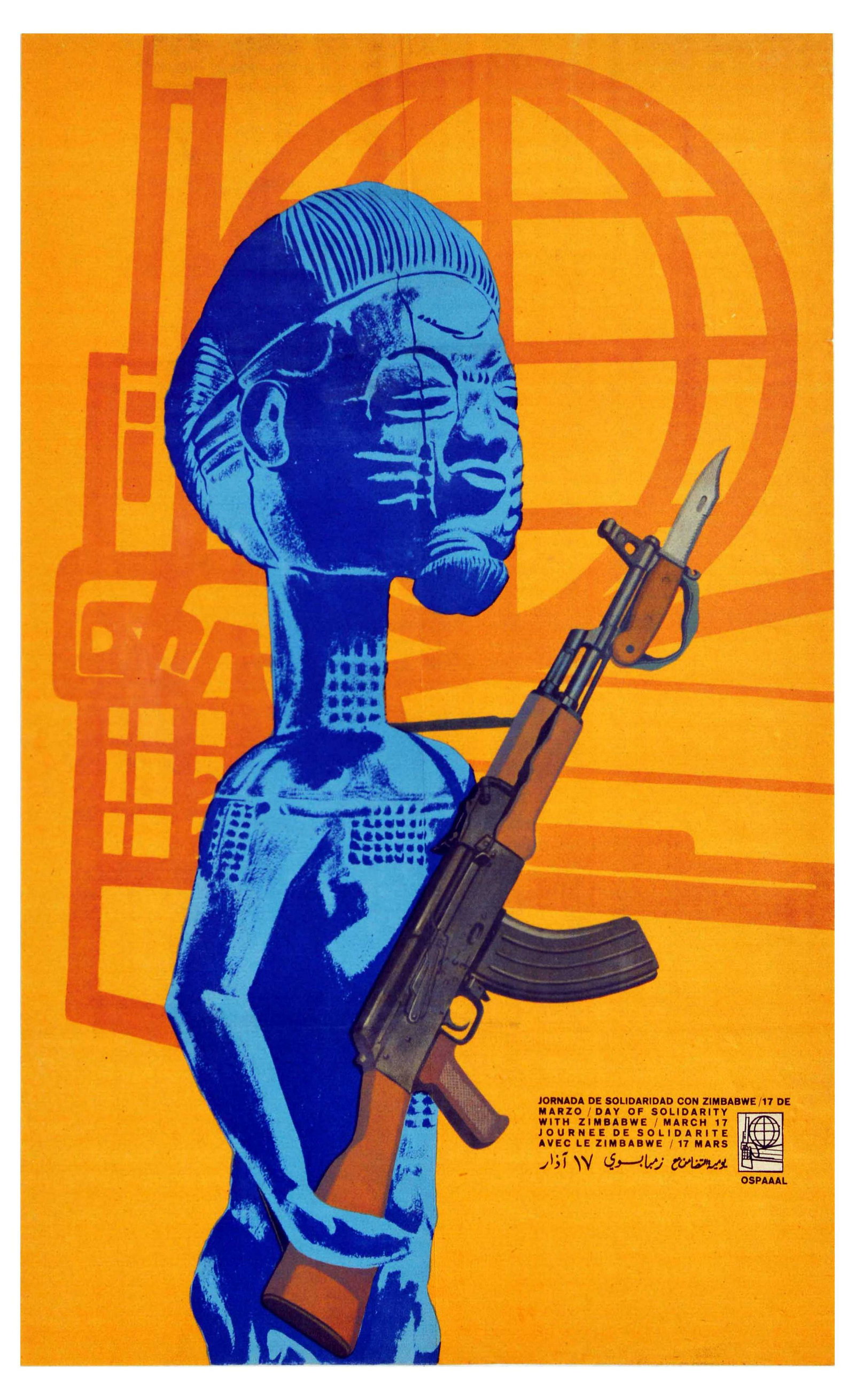 Propaganda Poster OSPAAAL Zimbabwe Solidarity Statue Rifle Weapon: Original vintage propaganda poster issued by OSPAAAL - Organisation of Solidarity with the People of Asia, Africa and Latin America, a Cuban political movement founded in Havana in 1966, created to fi