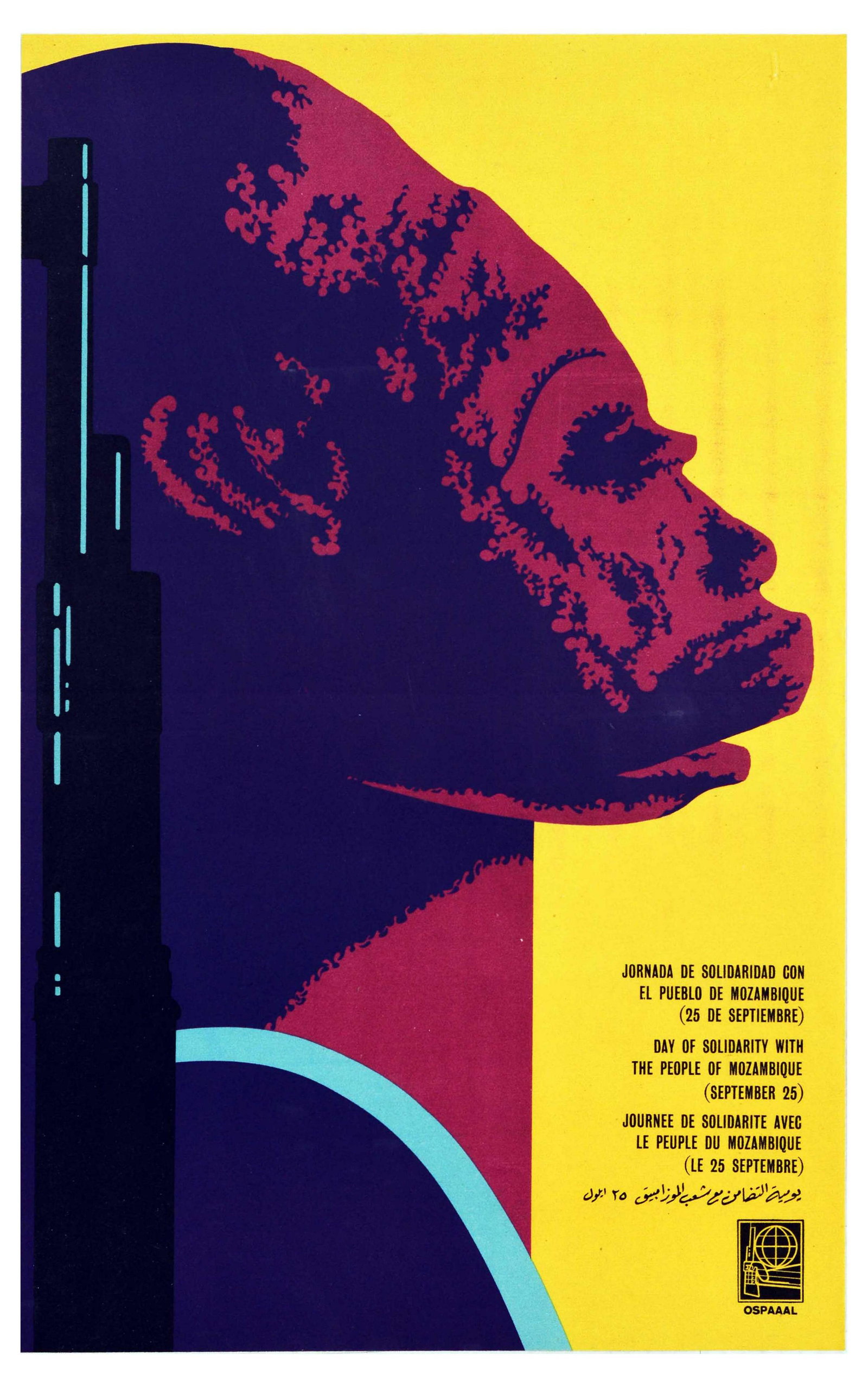 Propaganda Poster OSPAAAL Mozambique Solidarity Rifle Weapon: Original vintage propaganda poster issued by OSPAAAL - Organisation of Solidarity with the People of Asia, Africa and Latin America, a Cuban political movement founded in Havana in 1966, created to fi