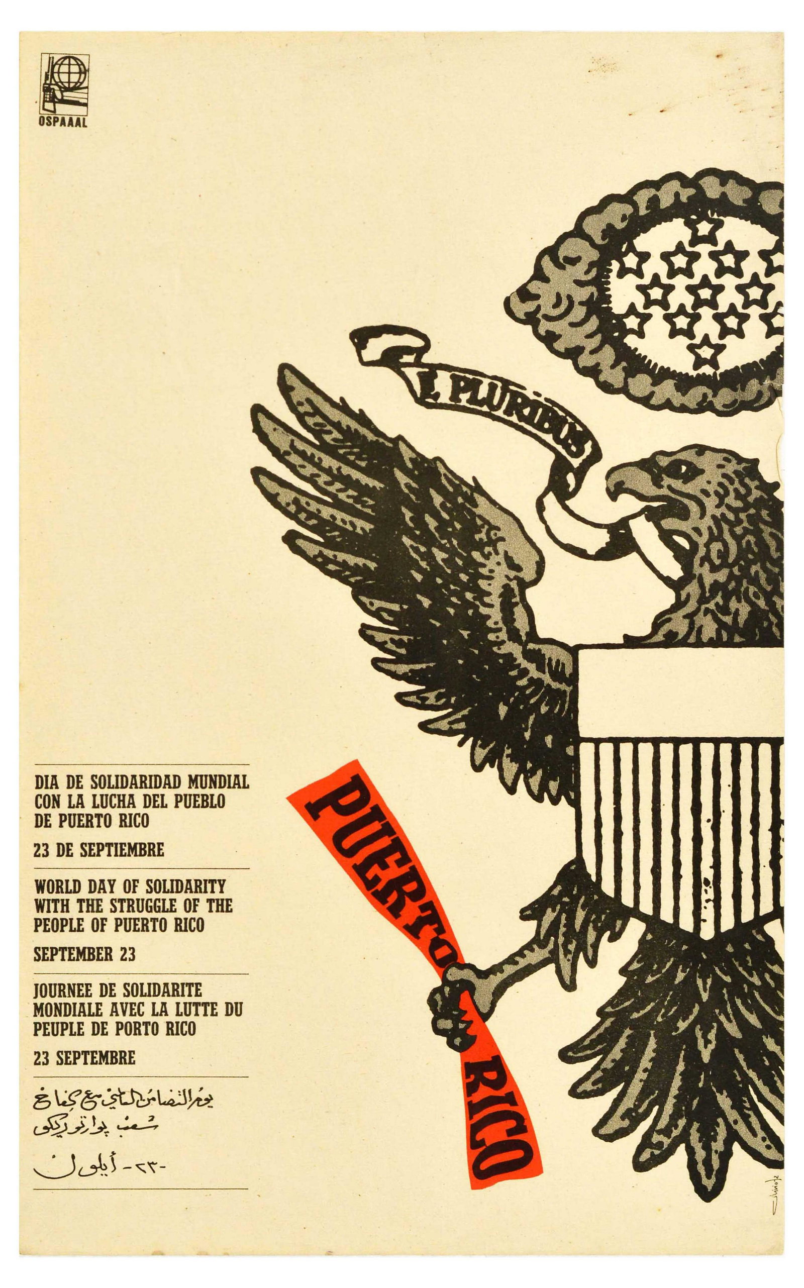 Propaganda Poster OSPAAAL Puerto Rico Solidarity USA Bald Eagle: Original vintage propaganda poster issued by OSPAAAL - Organisation of Solidarity with the People of Asia, Africa and Latin America, a Cuban political movement founded in Havana in 1966, created to fi