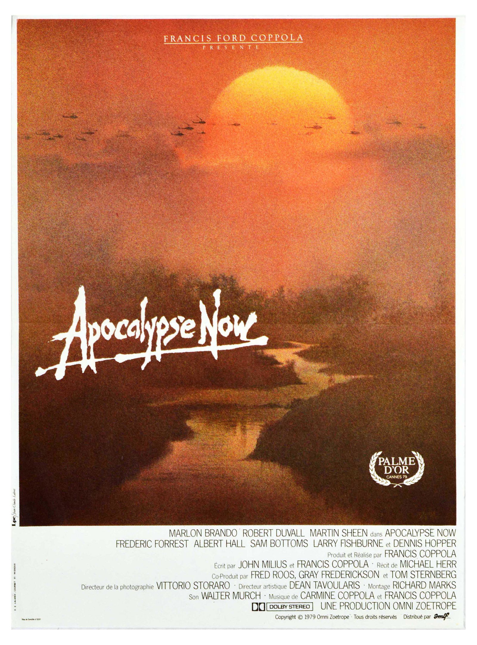 Cinema Poster Apocalypse Now Coppola: Original vintage film poster for the French release of Francis Ford Coppola's movie set during the Vietnam War, Apocalypse Now, starring Martin Sheen, Marlon Brando and Robert Duvall. The poster featu