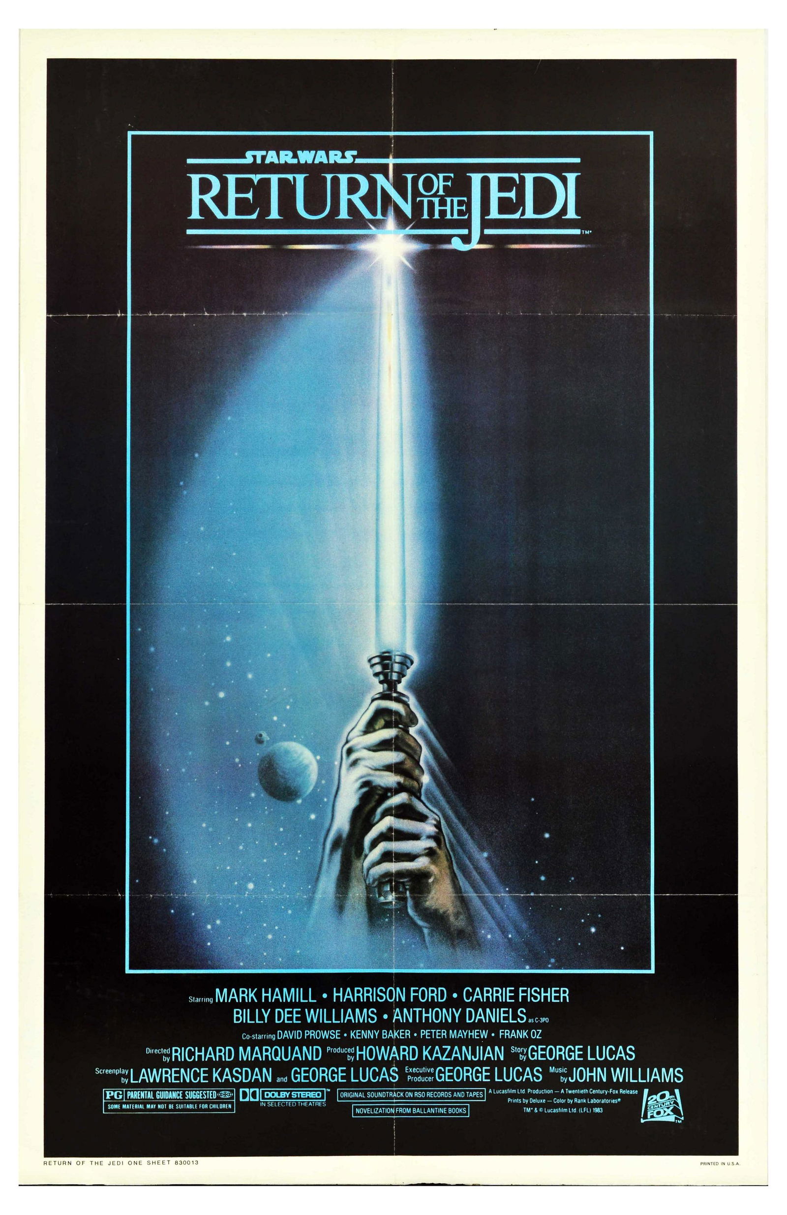 Cinema Poster Star Wars Return Of The Jedi Lightsabre: Original vintage one sheet movie poster for the US release of the classic film by George Lucas - Star Wars: Episode VI The Return of the Jedi - directed by Richard Marquand and starring Mark Hamill as
