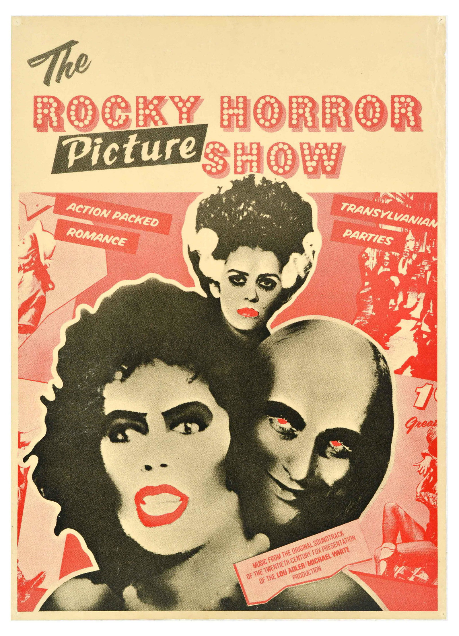 Cinema Poster The Rocky Horror Picture Show Curry Sarandon Bostwick: Original vintage movie poster for the soundtrack of The Rocky Horror Picture Show, a 1975 musical comedy horror film, directed by Jim Sharman, starring Tim Curry, Susan Sarandon, and Barry Bostwick, t