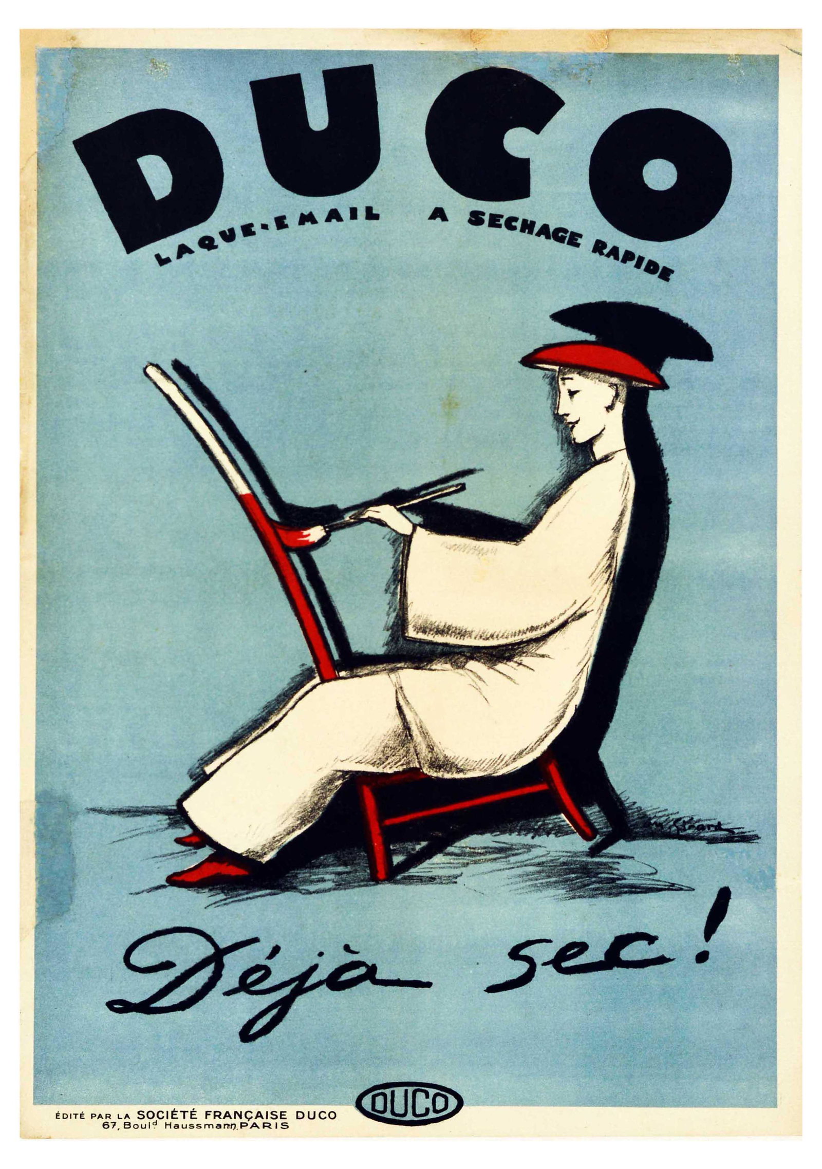 Advertising Poster Duco Enamel Lacquer Paint Art Deco: Original vintage advertising poster for Duco a quick dry enamel lacquer Already Dry! / Duco Laque-Email A Sechage Rapide Deja Sec! Great design featuring a smiling painter sitting backwards on a woode