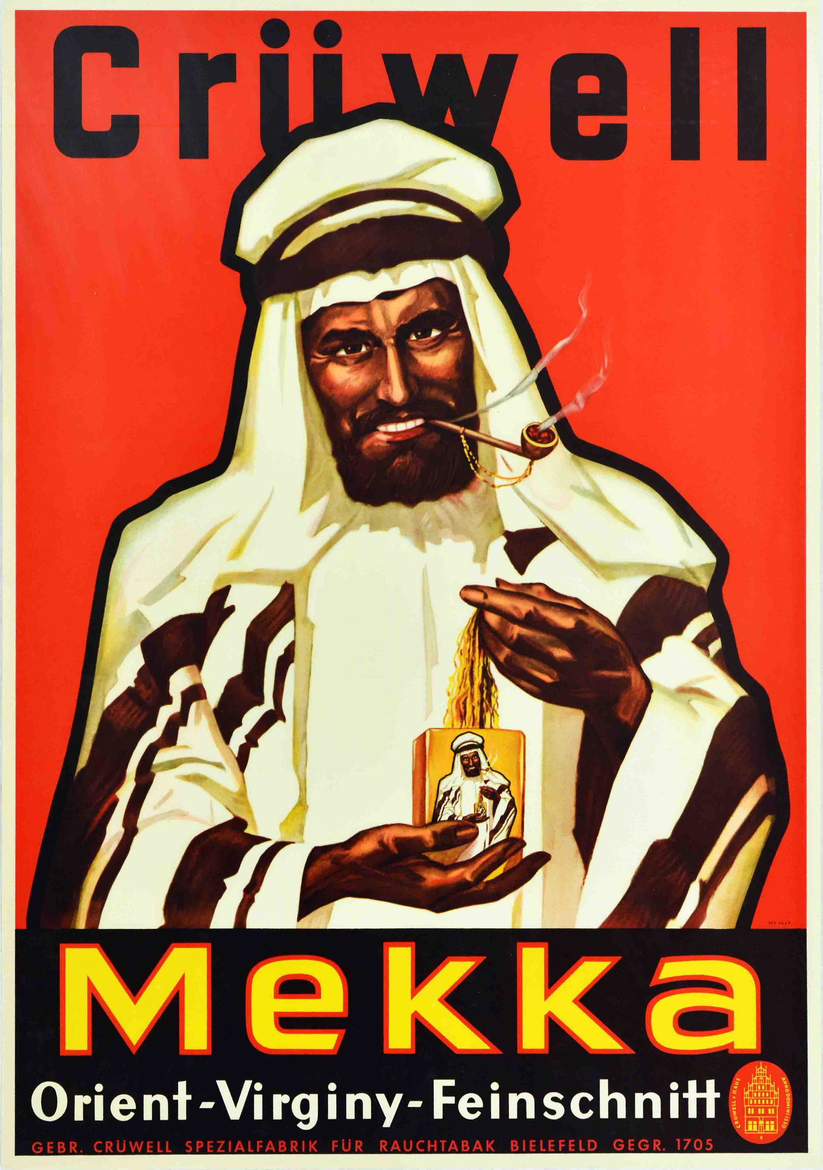 Advertising Poster Cruwell Mekka Tobacco Cigarettes: Original vintage advertising poster for Cruwell Mekka tobacco Orient â€“ Virginia â€“ Fine Cut featuring an illustration of a Middle Eastern man in a white and brown robe smoking a pipe and 