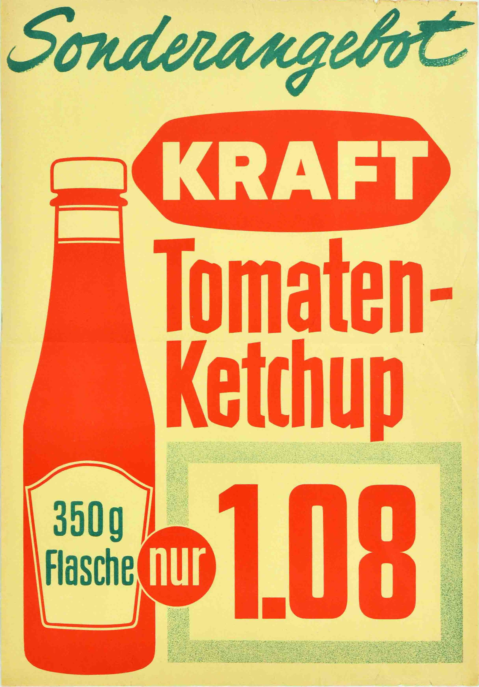Advertising Poster Kraft Tomato Ketchup Condiment Food: Original vintage advertising poster for Kraft tomato ketchup - Special offer Kraft tomato ketchup 350g bottle only 1.08 / Sonderangebot Kraft Tomaten-Ketchup 350g Flasche nur 1.08. Good condition, fol