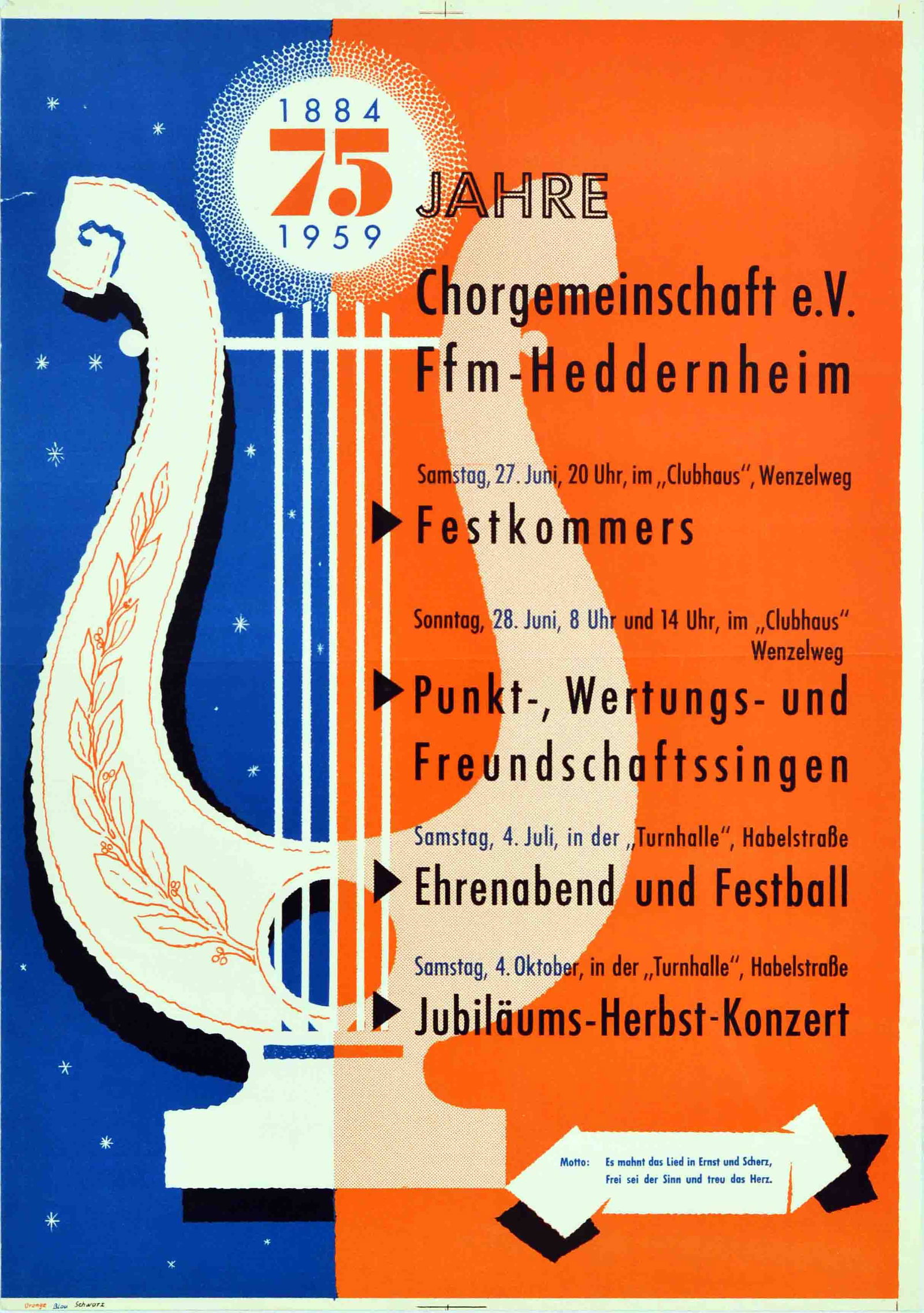 Advertising Poster Choral Society Ffm Heddernheim Chorgemeinschaft 75 Years: Original vintage commemorative celebration poster for 1884-1959 75 years Choral Society e.V. Ffm-Heddernheim with concerts that took place 27-28 June, 4 July and 4 October, featuring an illustration o