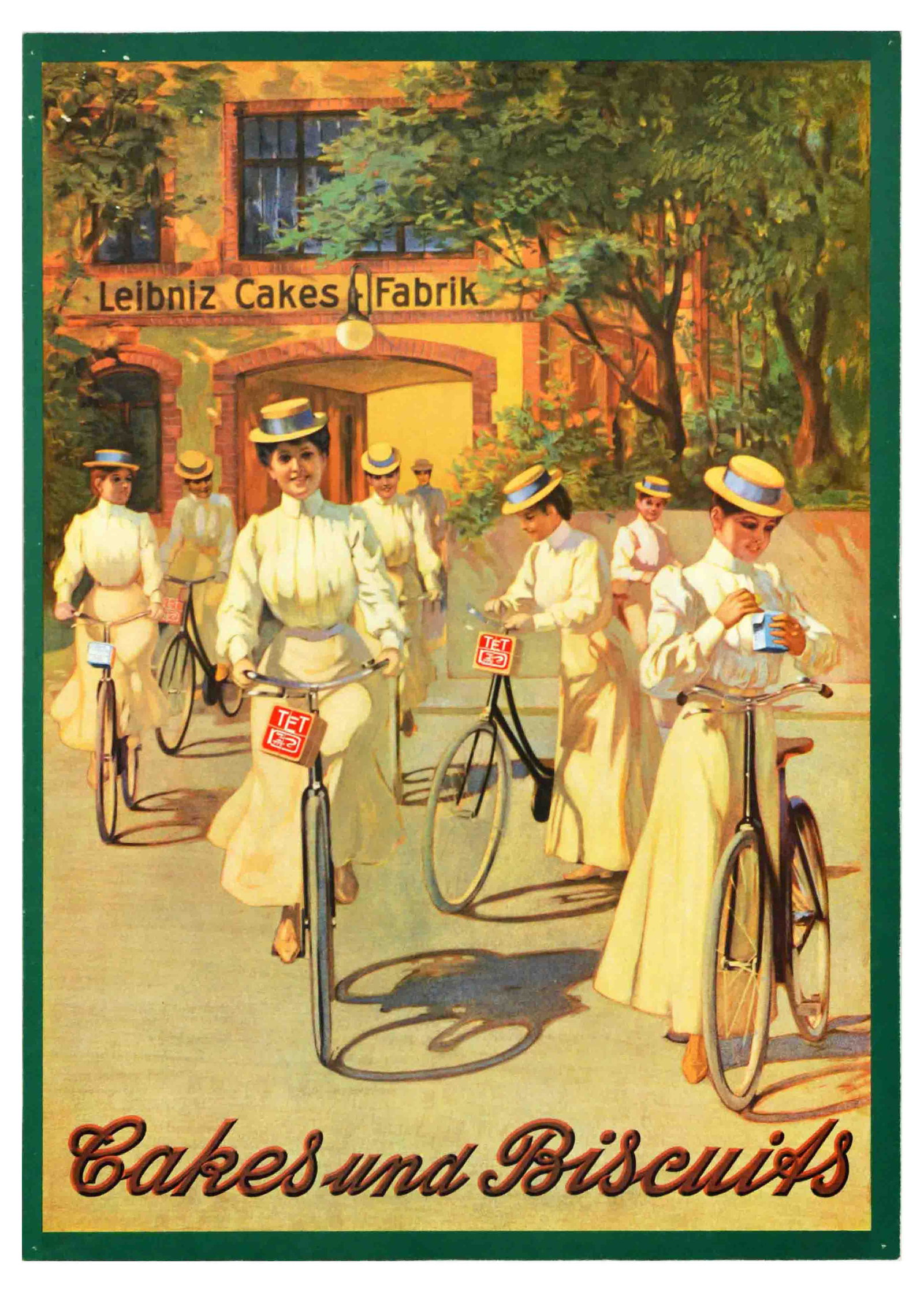 Advertising Poster Leibniz Cakes And Biscuits Cookie Vintage Reproduction: Vintage reproduction poster for Leibniz Cakes Fabrik Cakes und Biscuits featuring great 1900s design depicting smiling ladies on bicycles carrying Leibniz biscuit boxes with the building of Leibniz ca
