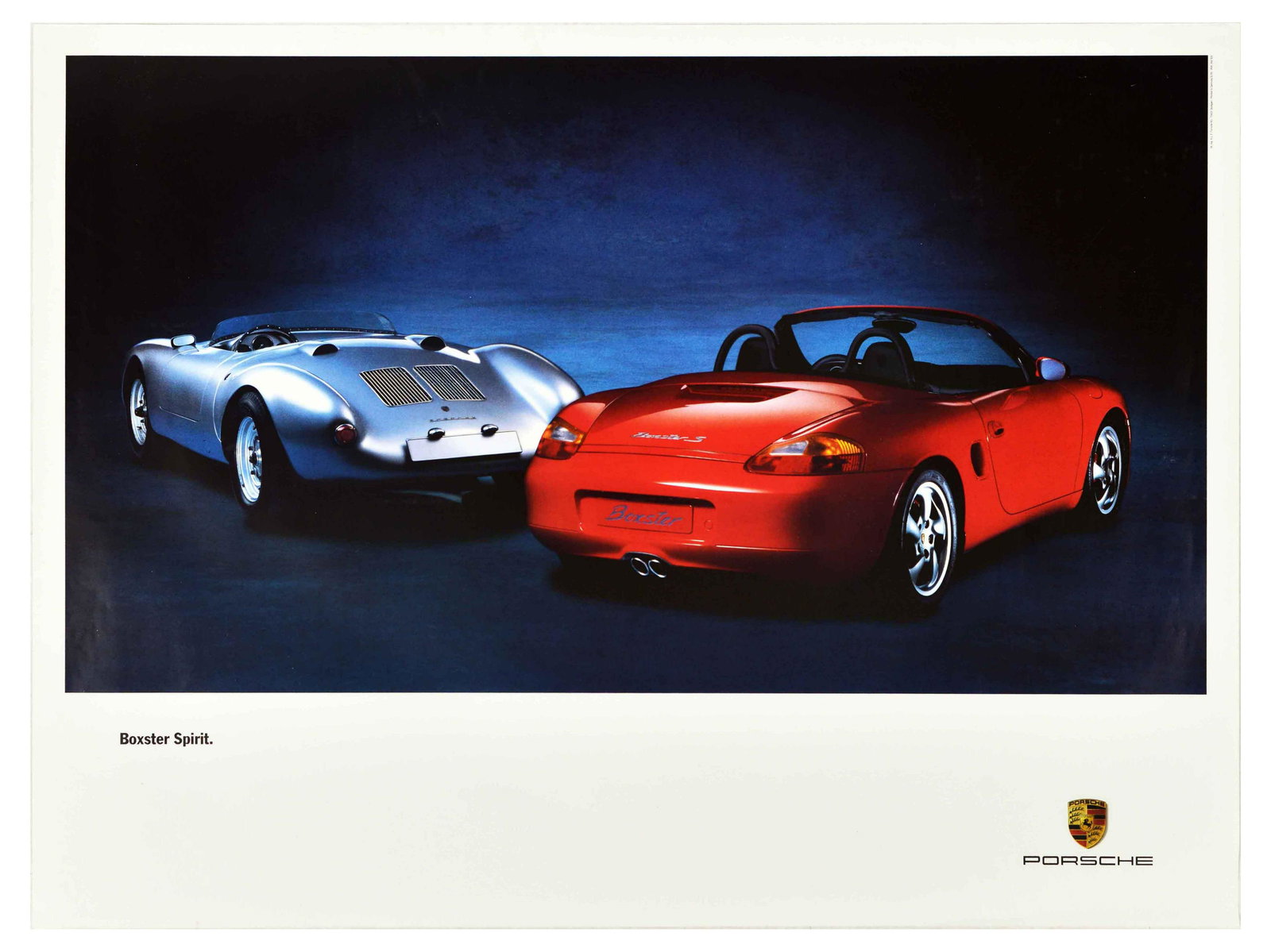 Advertising Poster Porsche Boxter Spirit Car Automobile Racing: Original vintage advertising poster for Porsche Boxster Spirit, featuring a photograph of two automobiles set over dark background. Founded in 1931, Porsche (Dr. Ing. h. c. F. Porsche GmbH) is a Germa