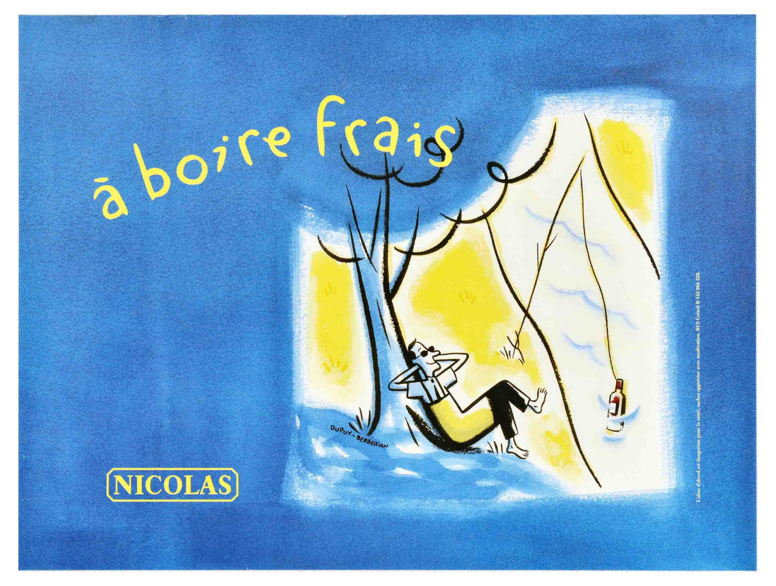Advertising Poster Nicolas Wine Drink Chilled French Wine France Alcohol: Original vintage advertising poster for Nicolas wine retailer â€“ a boire frais / drink chilled â€“ featuring a great illustration by French cartoonists Philippe Dupuy (b.1960) and Charles B