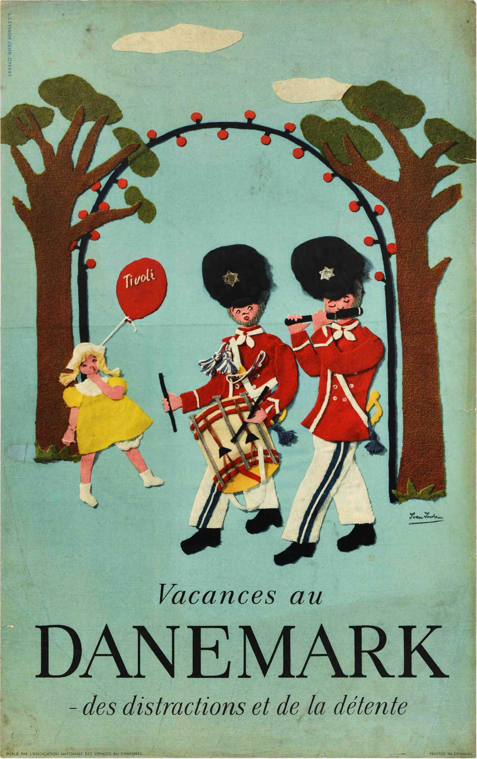 Travel Poster Denmark Royal Life Guards Tivoli: Original vintage travel poster Holidays in Denmark - fun and relaxation / Vacances au Danemark - des distractions et de la dÃ©tente, featuring a fun illustration of marching Danish Royal Life Guards